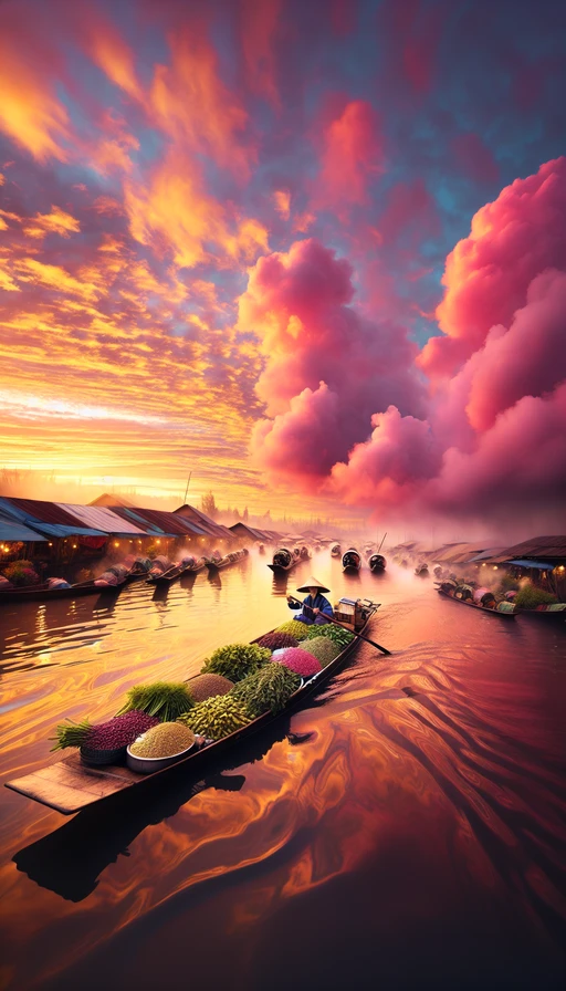 Un mercado flotante sobre un río de aguas doradas, donde se venden diversas variedades de cannabis exóticas mientras las nubes se tiñen de un vibrante rosa al atardecer. Modo vertical.