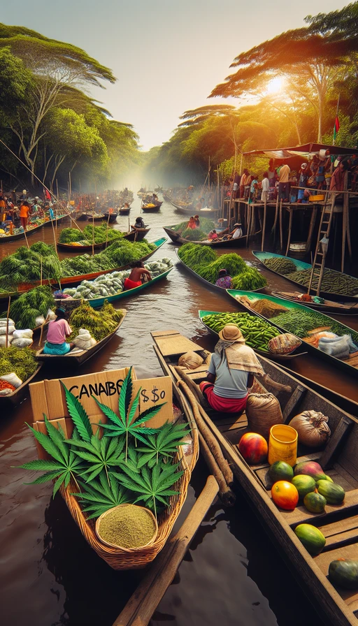 Un mercado flotante en el Amazonas donde las hojas de cannabis se venden como especias exóticas. Modo vertical.