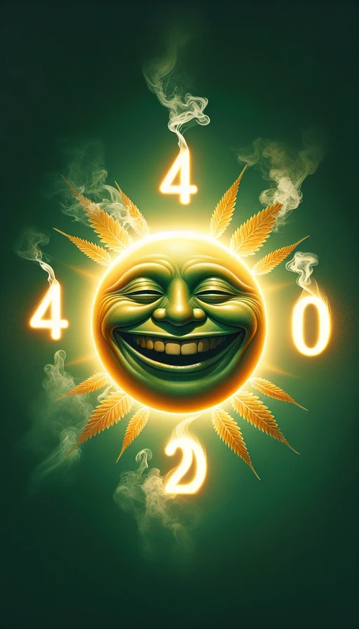 Un sol radiante de tonalidades verdes y amarillas, sonriente y relajado, marca exactamente las 4:20. Delicadas nubes de humo se elevan, formando con claridad un "420" en el aire, creando una atmósfera de serena contemplación. Escena vertical.