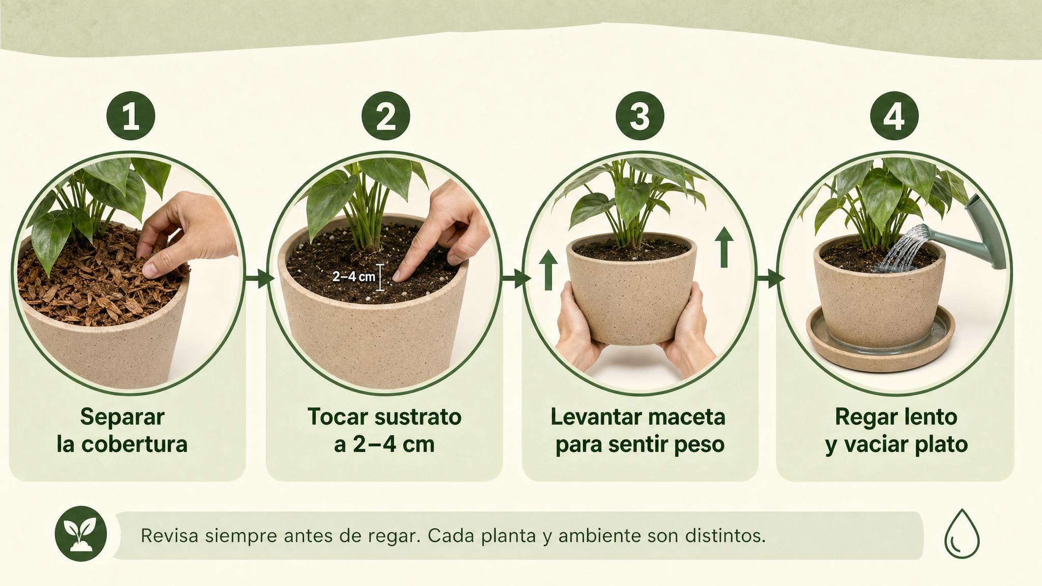 Flujo de cuatro pasos para revisar humedad y regar una maceta con acolchado.
