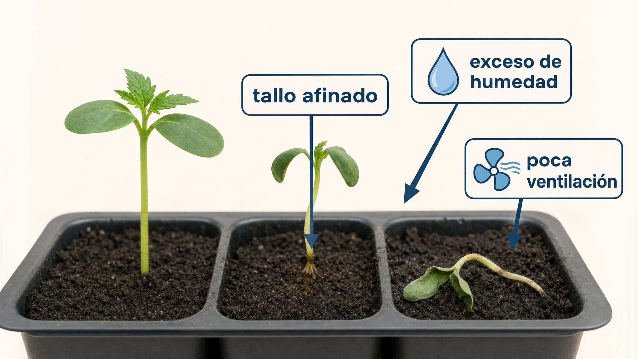Diagrama de plantines con síntomas de damping-off: tallo afinado, exceso de humedad y poca ventilación.
