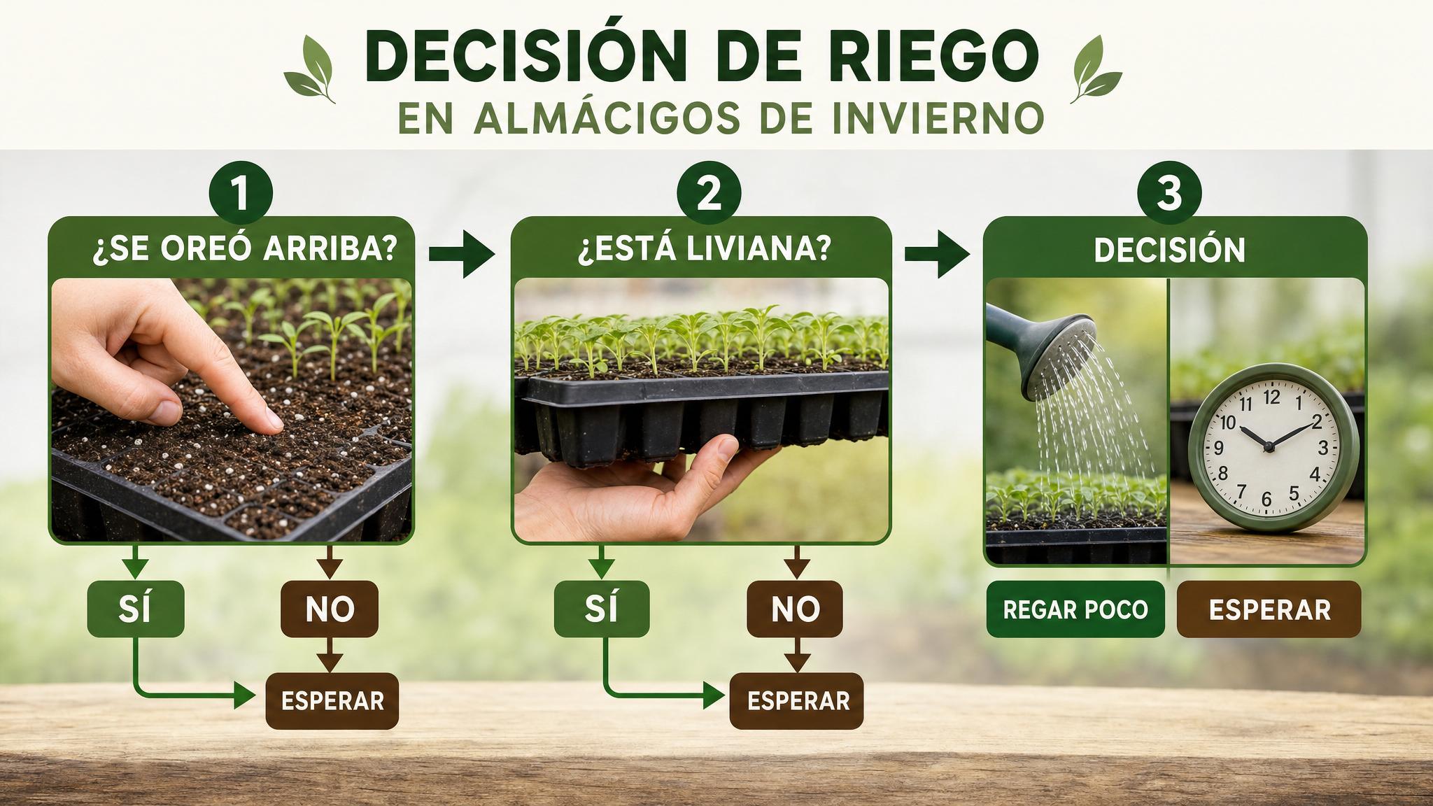 Flujograma para decidir cuándo regar almácigos según superficie del sustrato y peso de la bandeja.