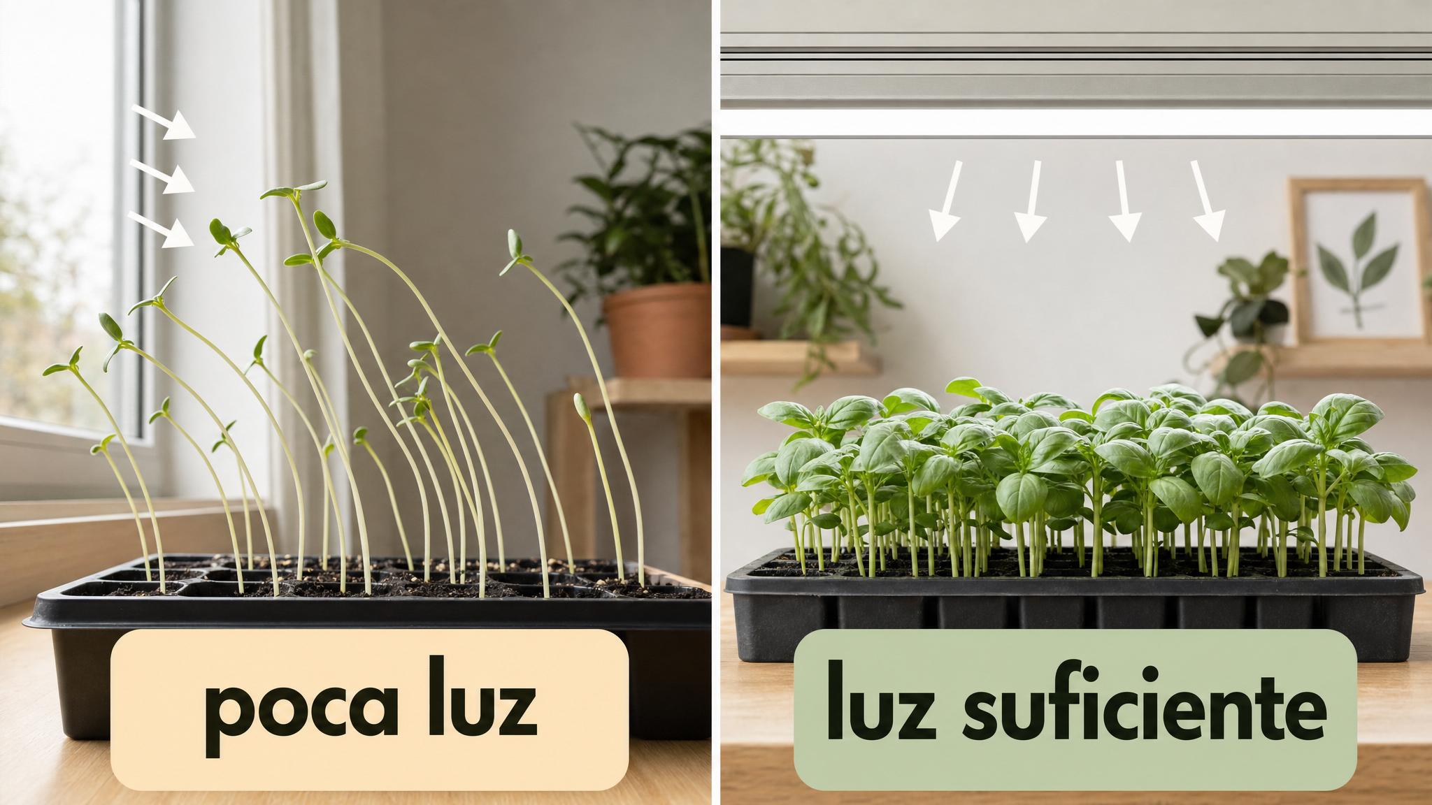 Comparación entre plantines estirados por poca luz y plantines compactos con luz suficiente.