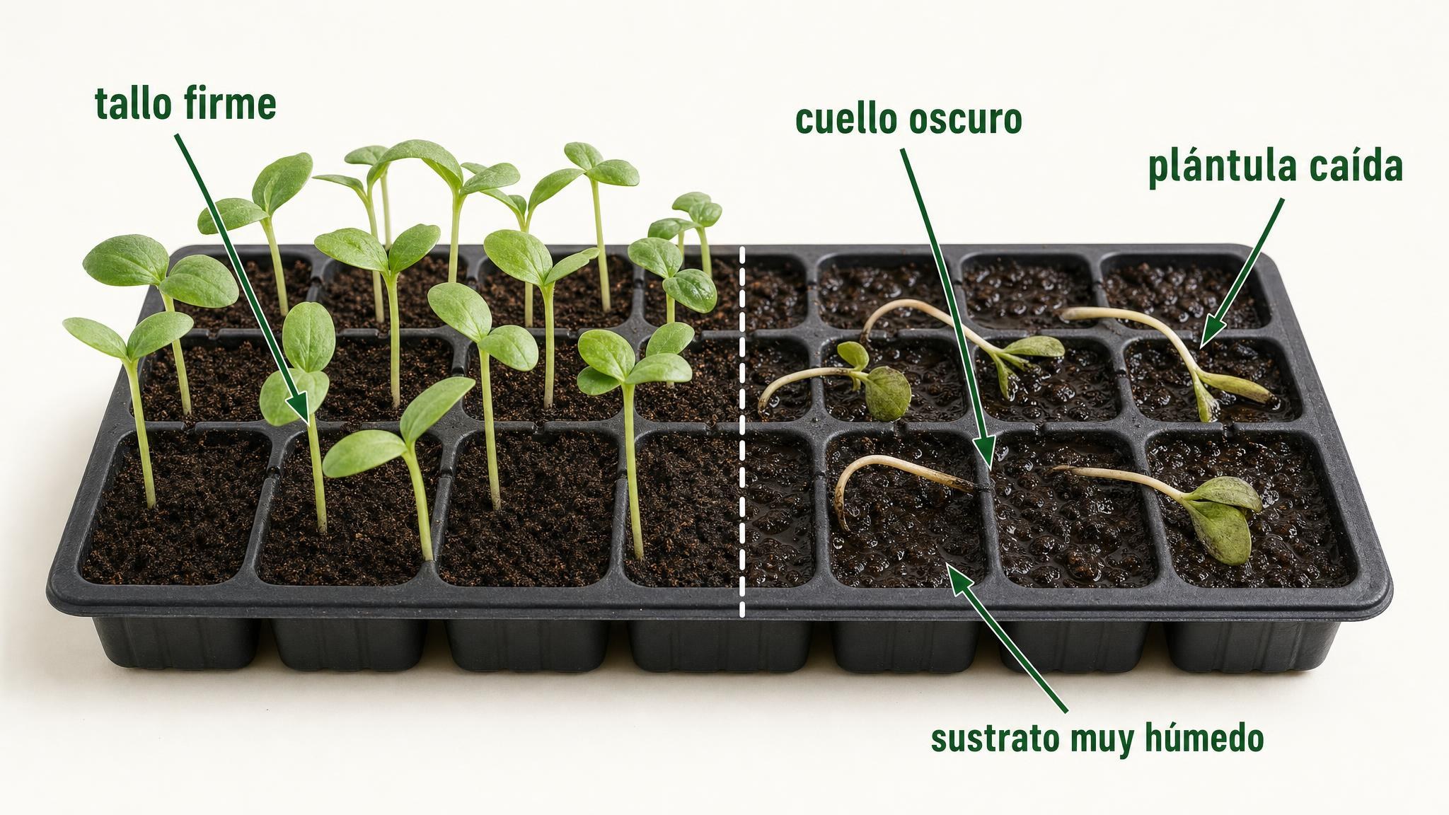 Diagrama de plántulas sanas y plántulas caídas por damping off, con cuello oscuro y sustrato demasiado húmedo.