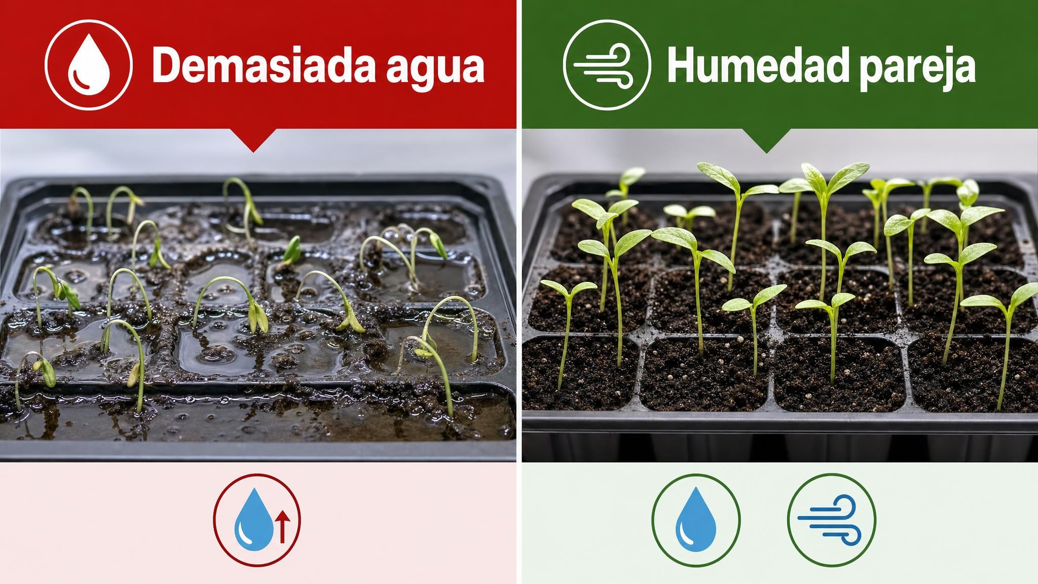Comparación entre almácigos encharcados y almácigos con humedad pareja sin charcos.