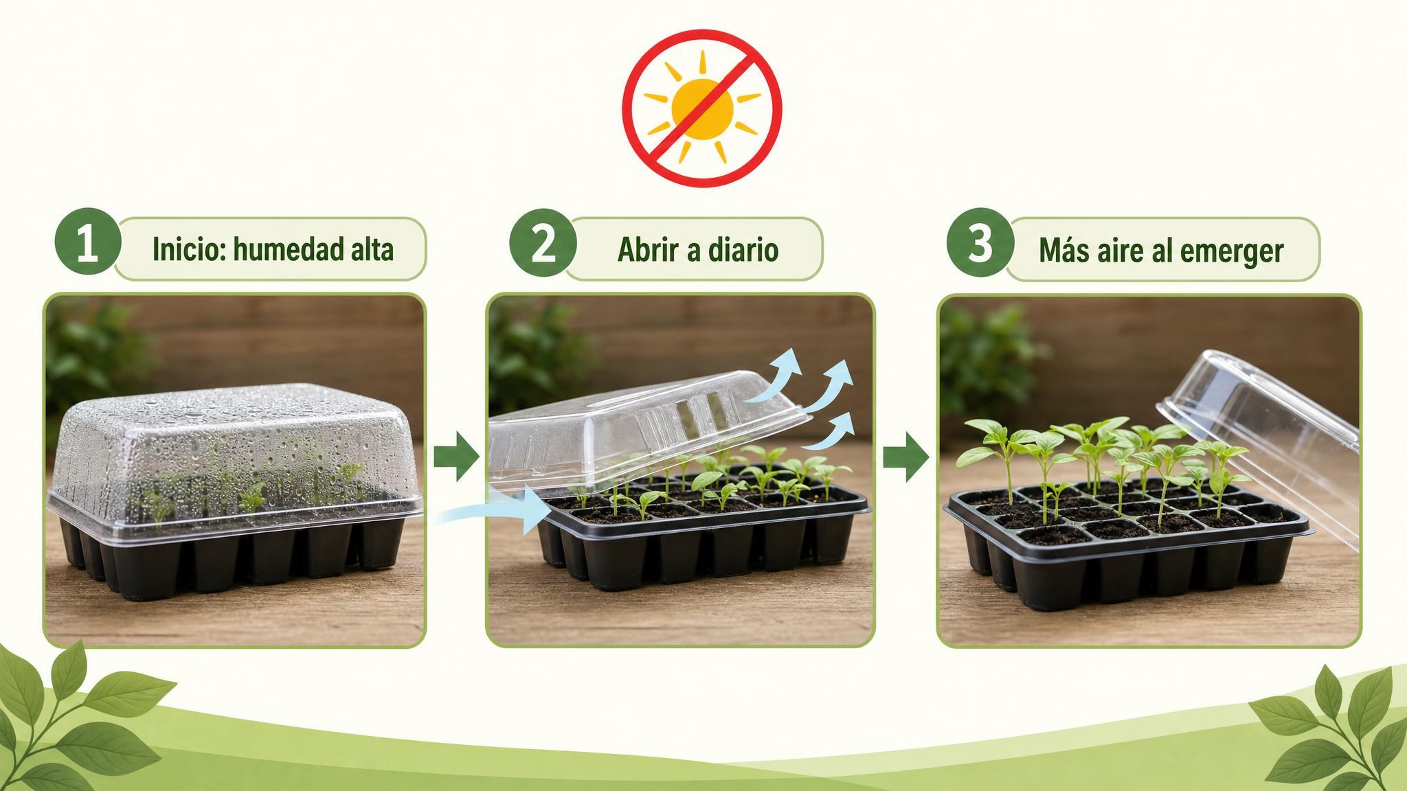 Flujo visual para pasar de un domo cerrado a ventilación diaria y más aire cuando emergen las plántulas.