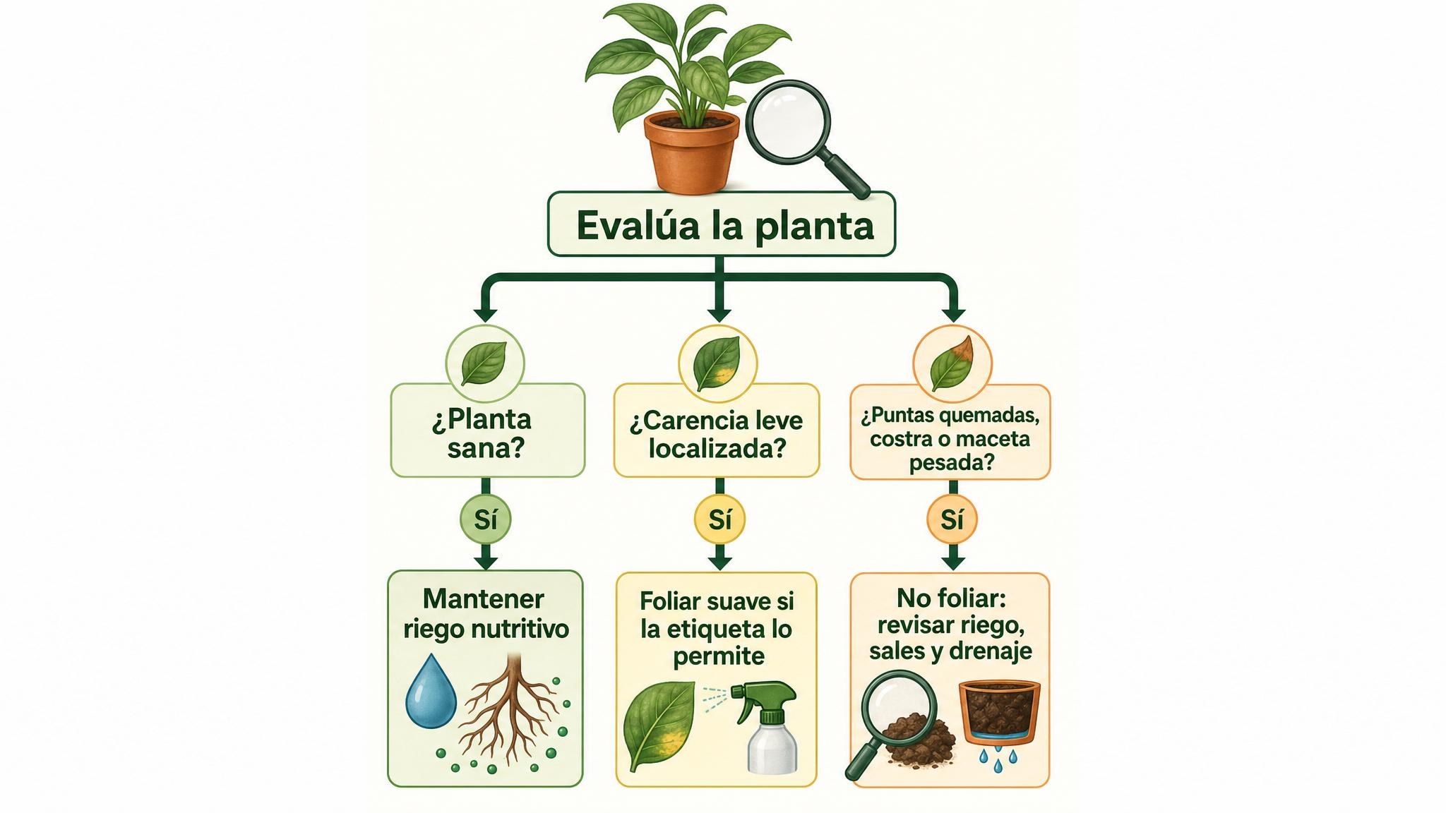 Diagrama de decisión para elegir entre aplicación foliar o alimentación por riego.