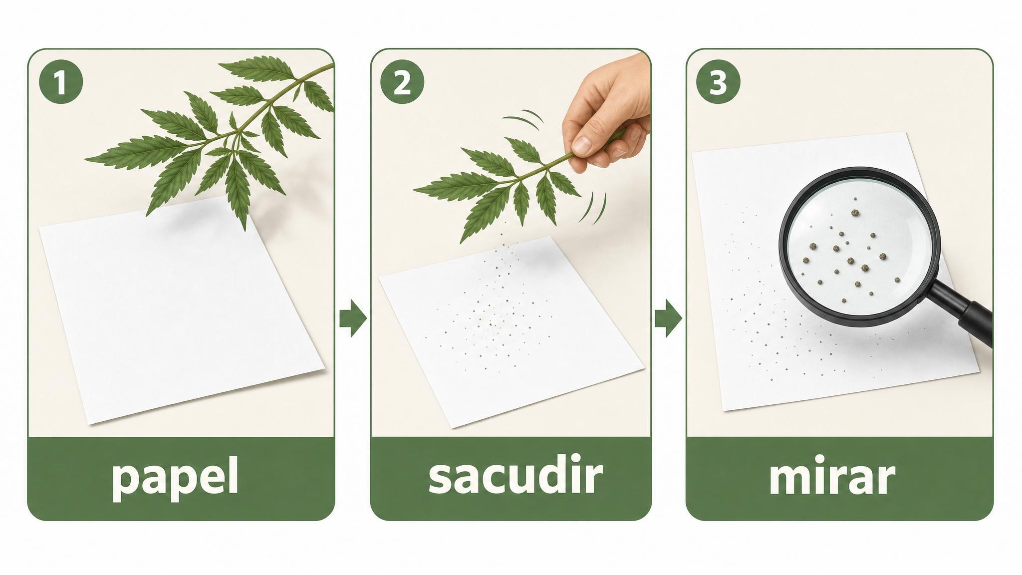 Paso a paso del test del papel blanco para detectar arañuela roja en una planta.