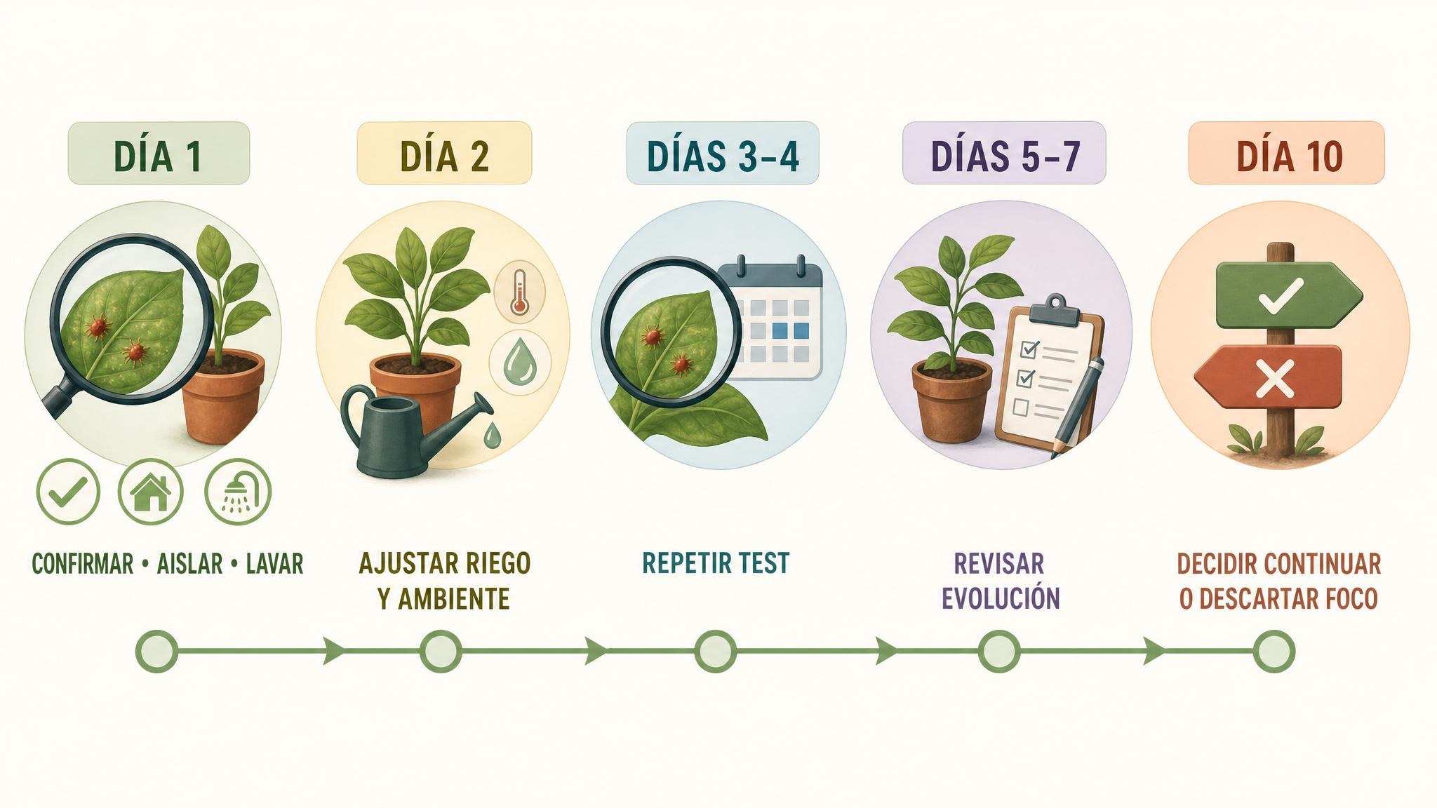 Línea de tiempo de 10 días para controlar un foco de arañuela roja en maceta.