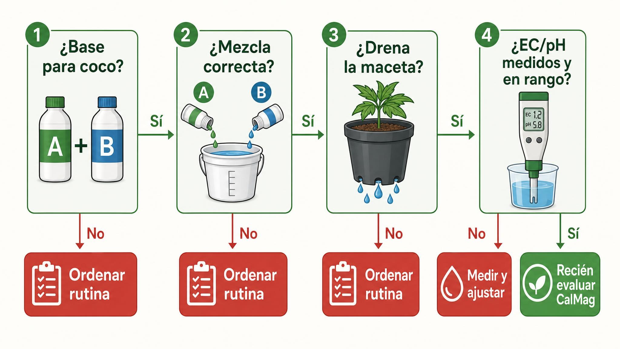Diagrama de decisión para diferenciar carencias de calcio o magnesio de bloqueo, exceso de sales o errores de riego en coco.
