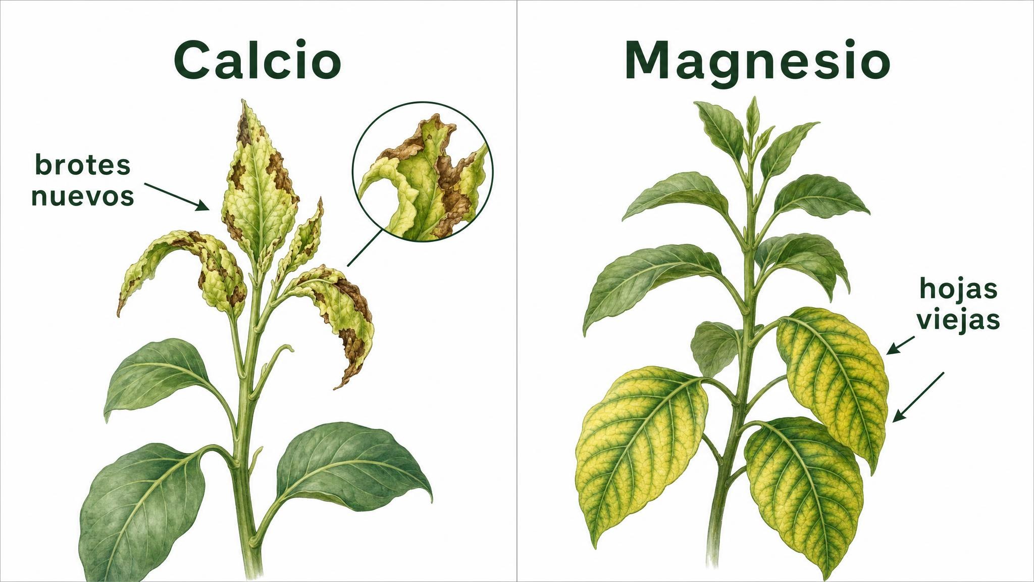 Comparación visual de síntomas típicos de falta de calcio en brotes nuevos y falta de magnesio en hojas viejas.