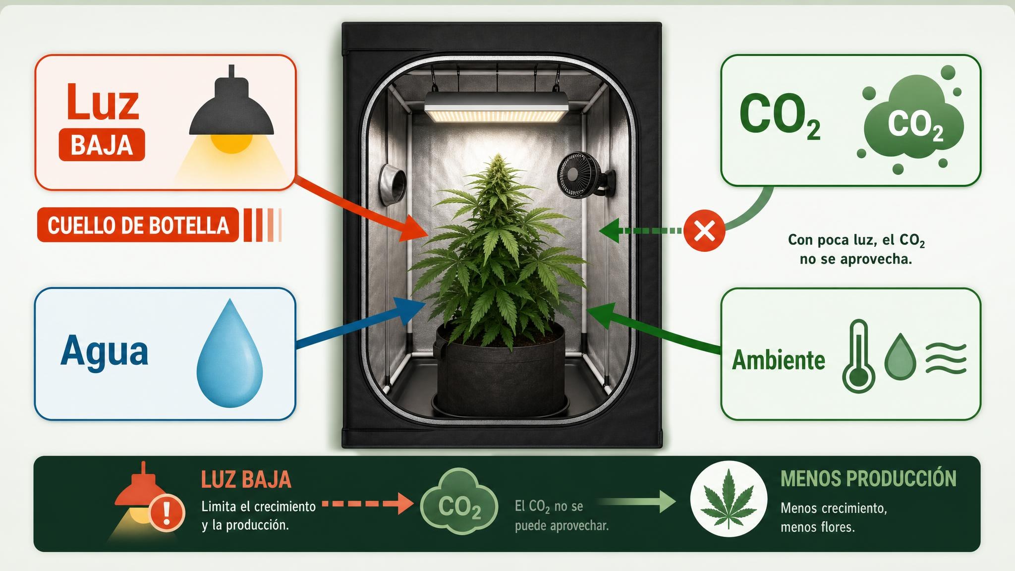 Diagrama de factores que limitan el uso de CO₂ en una planta indoor: luz, agua, ambiente y CO₂.