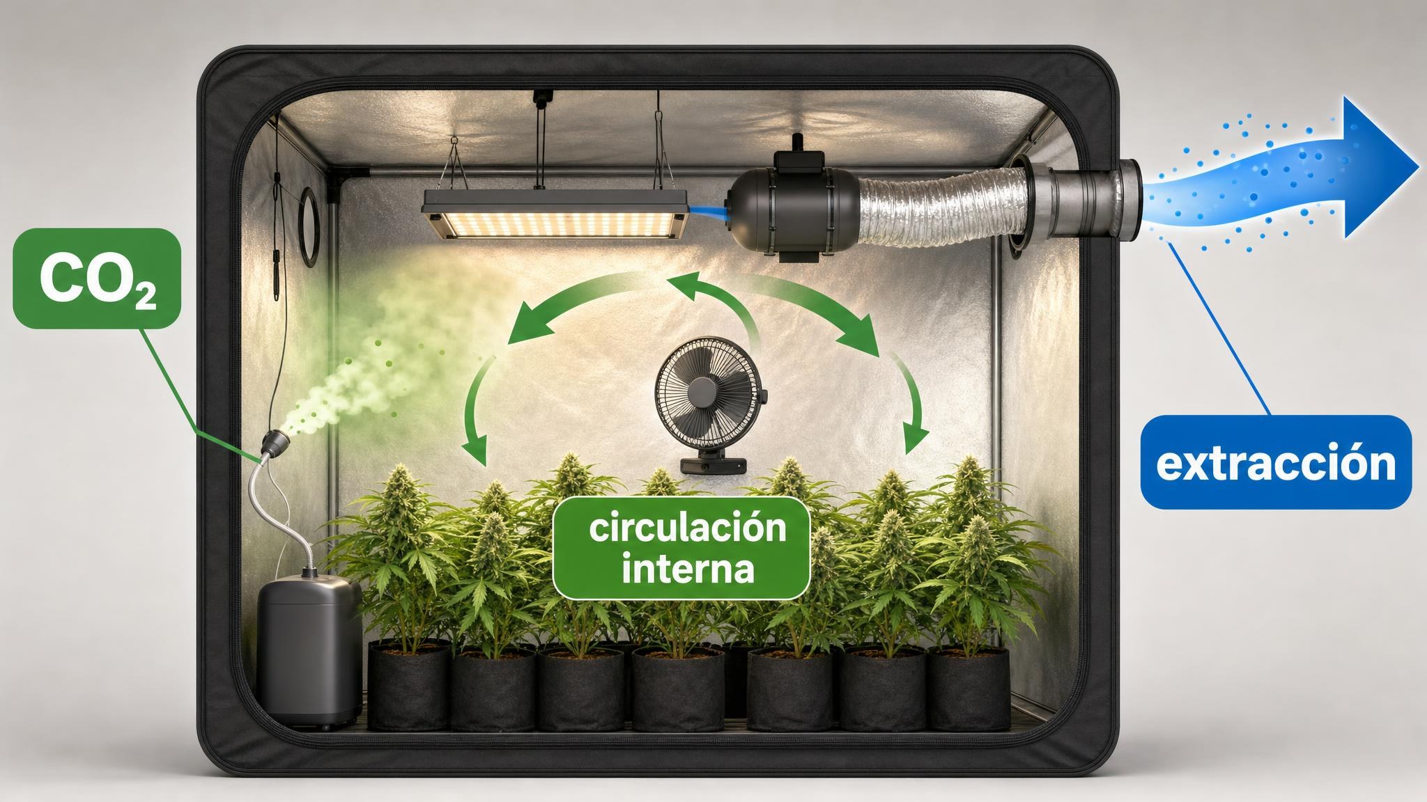 Carpa indoor con ventilador interno y extractor expulsando el CO₂ antes de que las plantas lo aprovechen.