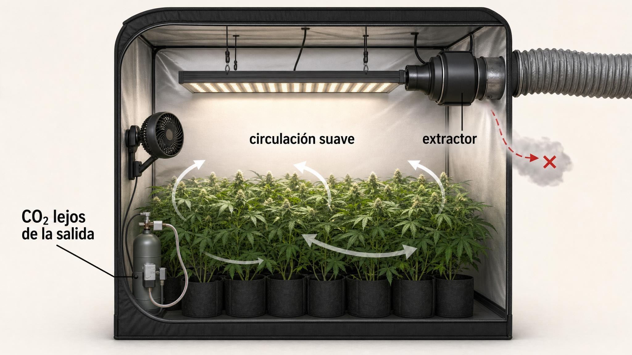 Diagrama de una carpa indoor mostrando ubicación recomendada de la fuente de CO₂ lejos del extractor y con circulación interna suave.