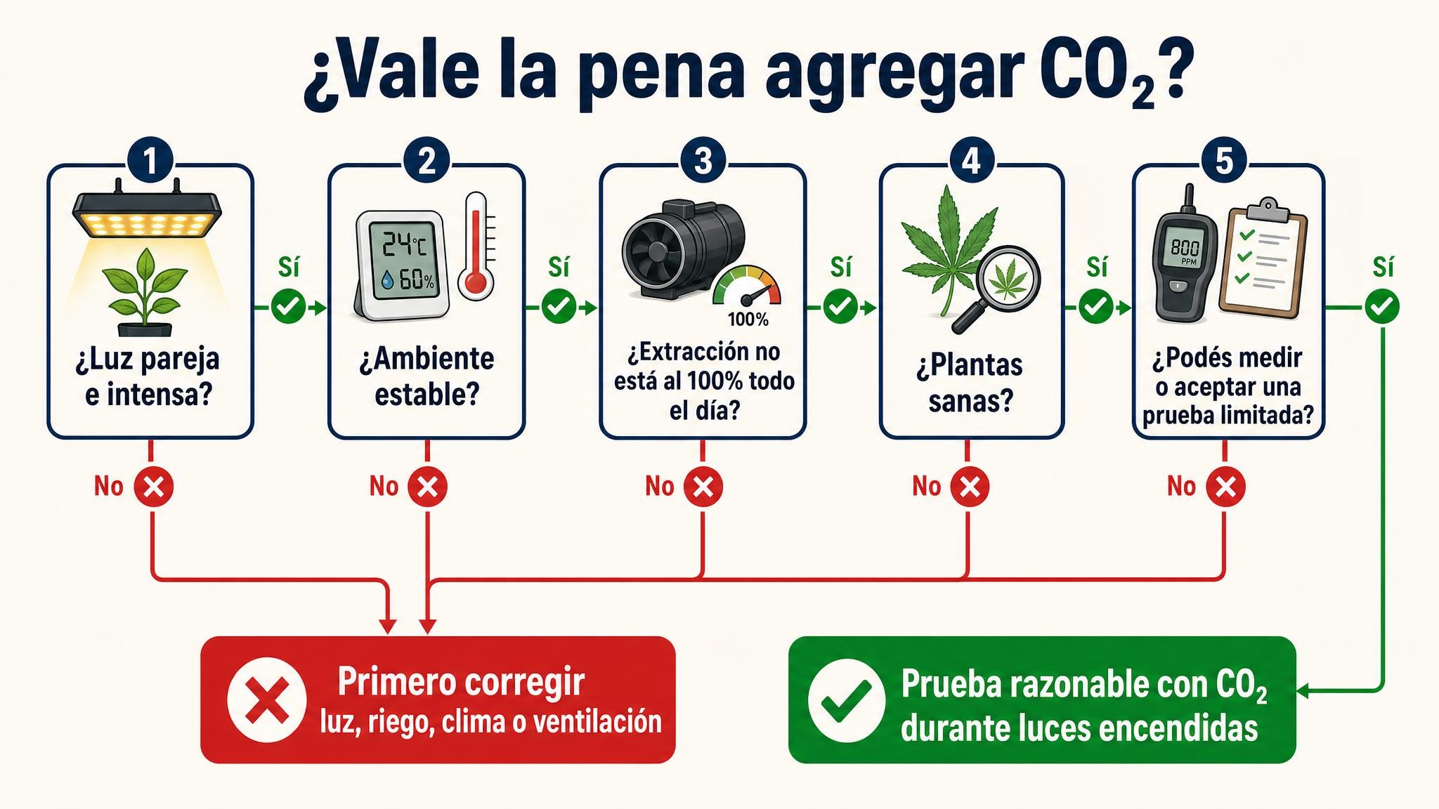 Flowchart para decidir si conviene comprar CO₂ según luz, ambiente, extracción, salud de plantas y medición.