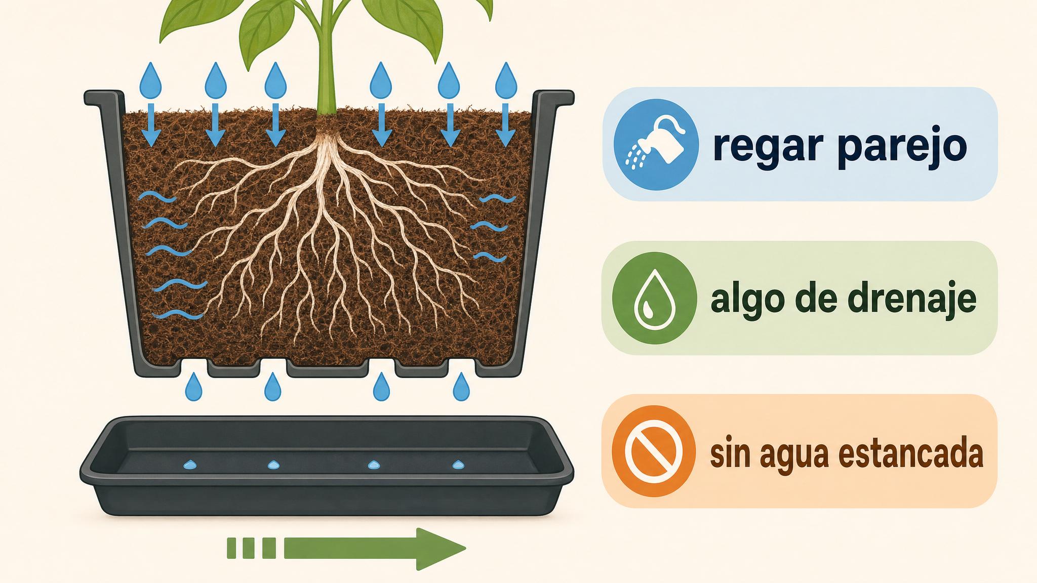Diagrama de riego en coco con entrada de agua, drenaje inferior y bandeja sin agua estancada.