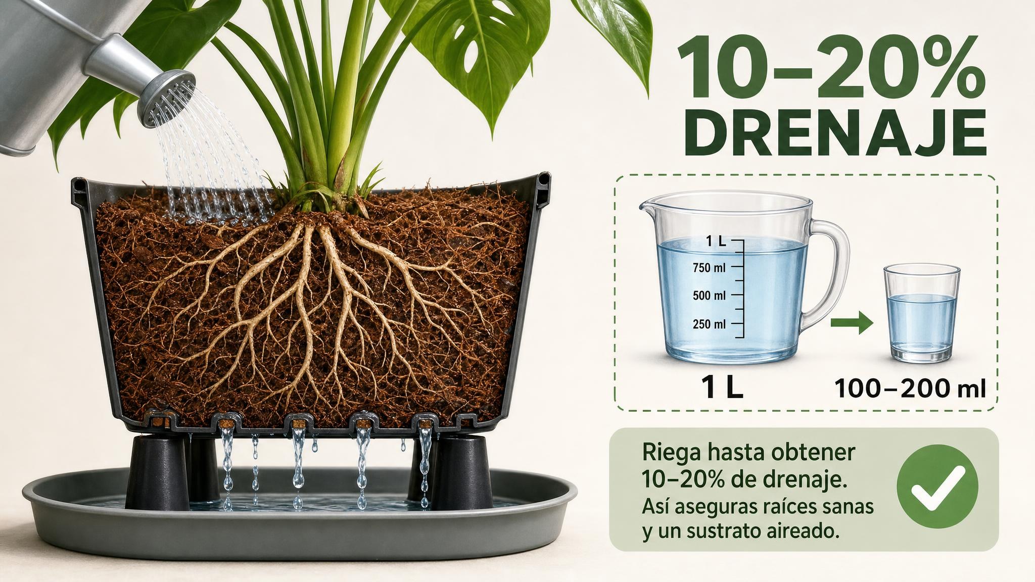 Maceta con coco recibiendo riego y drenando un 10 a 20 por ciento por la parte inferior.