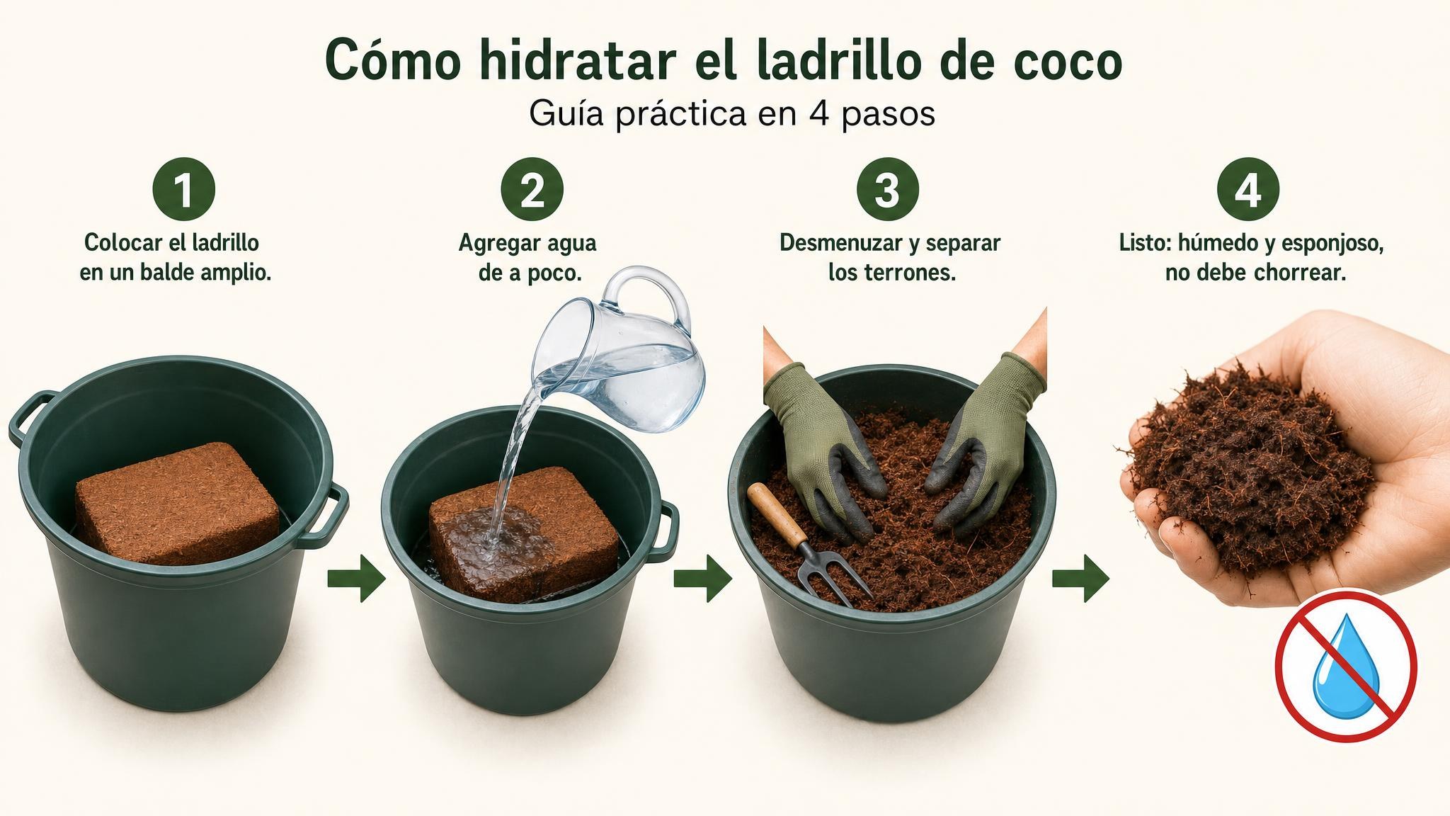 Proceso para hidratar un ladrillo de coco: balde, agua gradual, desarmar terrones y comprobar textura húmeda sin exceso de agua.