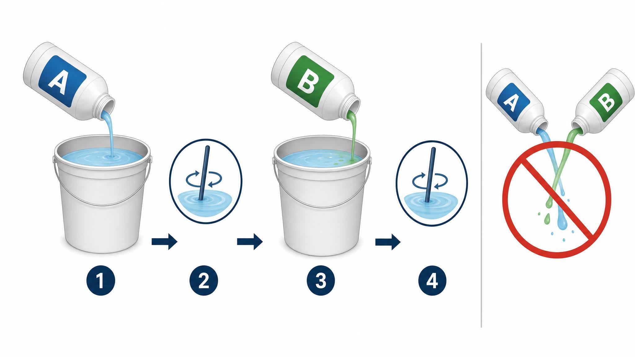 Diagrama del orden correcto para mezclar nutrientes A y B en agua, evitando unir concentrados puros.