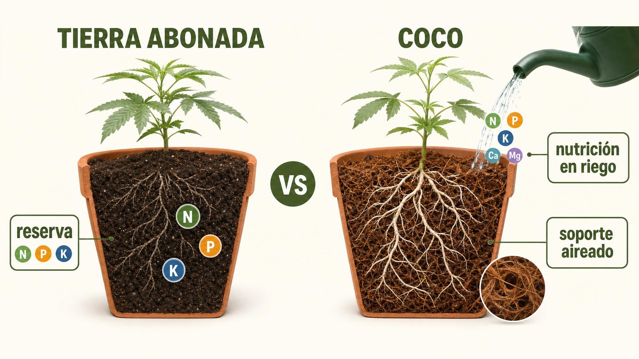 Comparación entre tierra abonada y fibra de coco en maceta, mostrando que el coco funciona como soporte aireado y depende más de la nutrición en el riego.