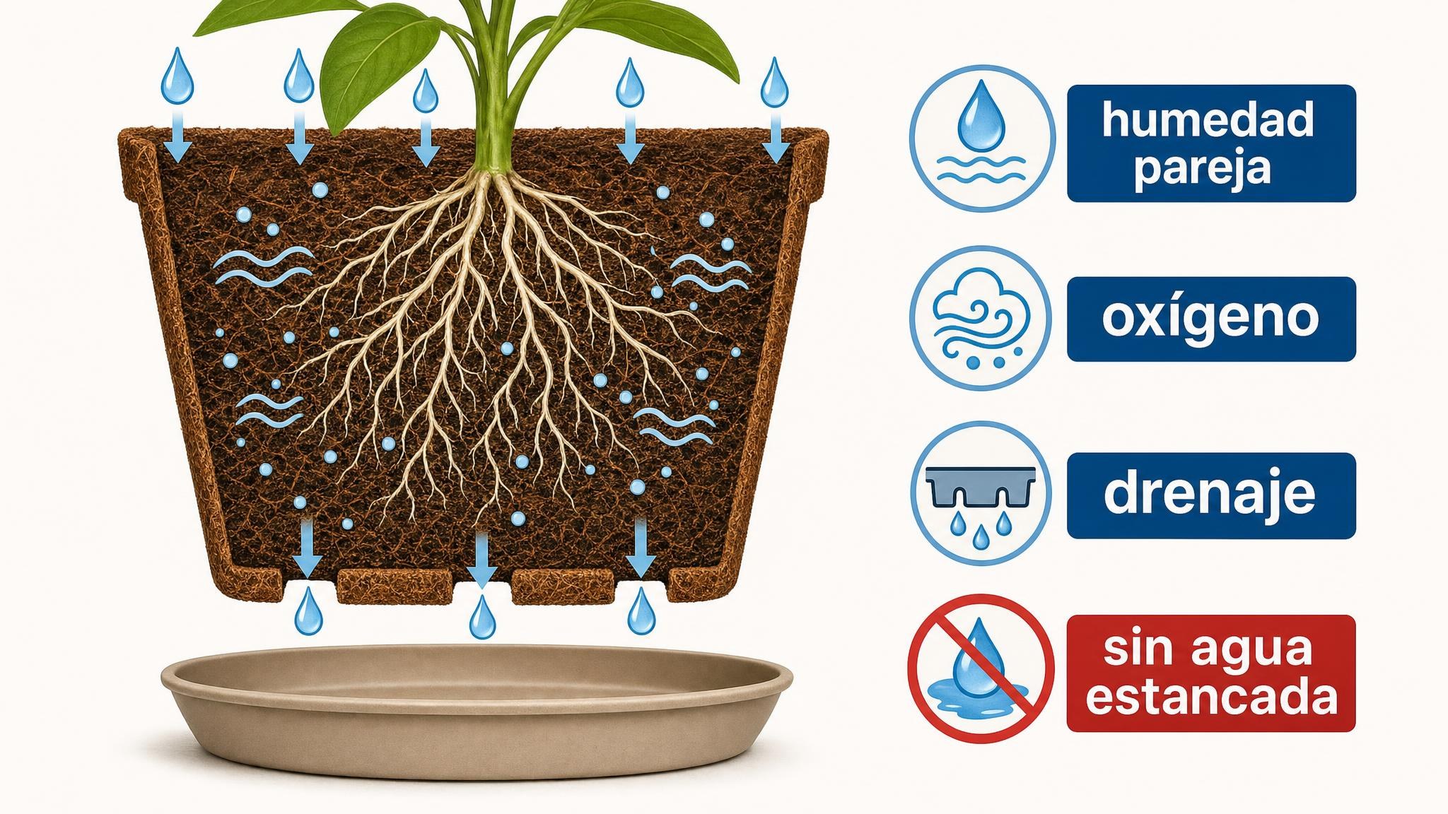 Maceta con coco mostrando humedad uniforme, oxígeno en raíces, drenaje inferior y ausencia de agua estancada.