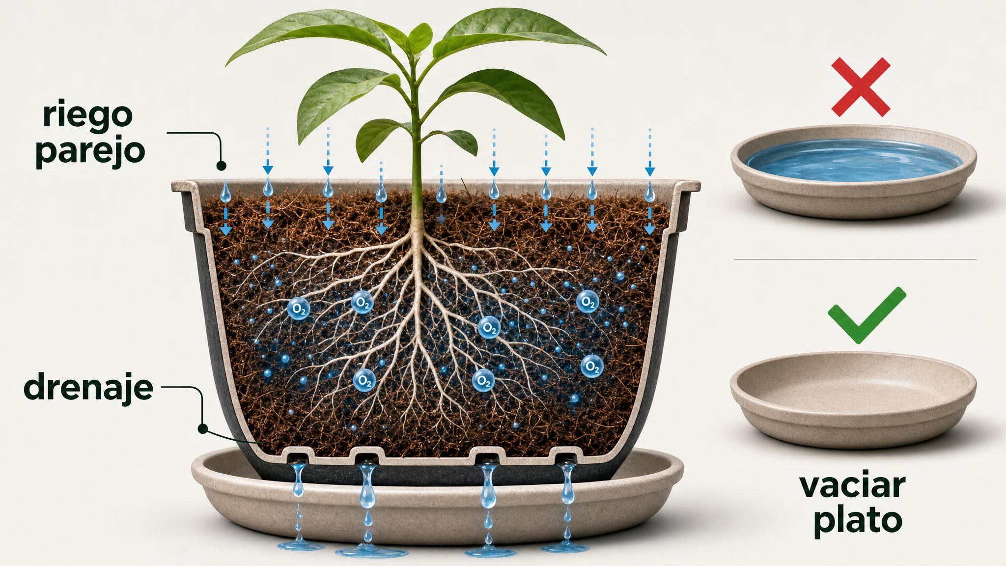Diagrama de riego en coco con humedad pareja, drenaje por abajo y plato vacío para evitar agua estancada.