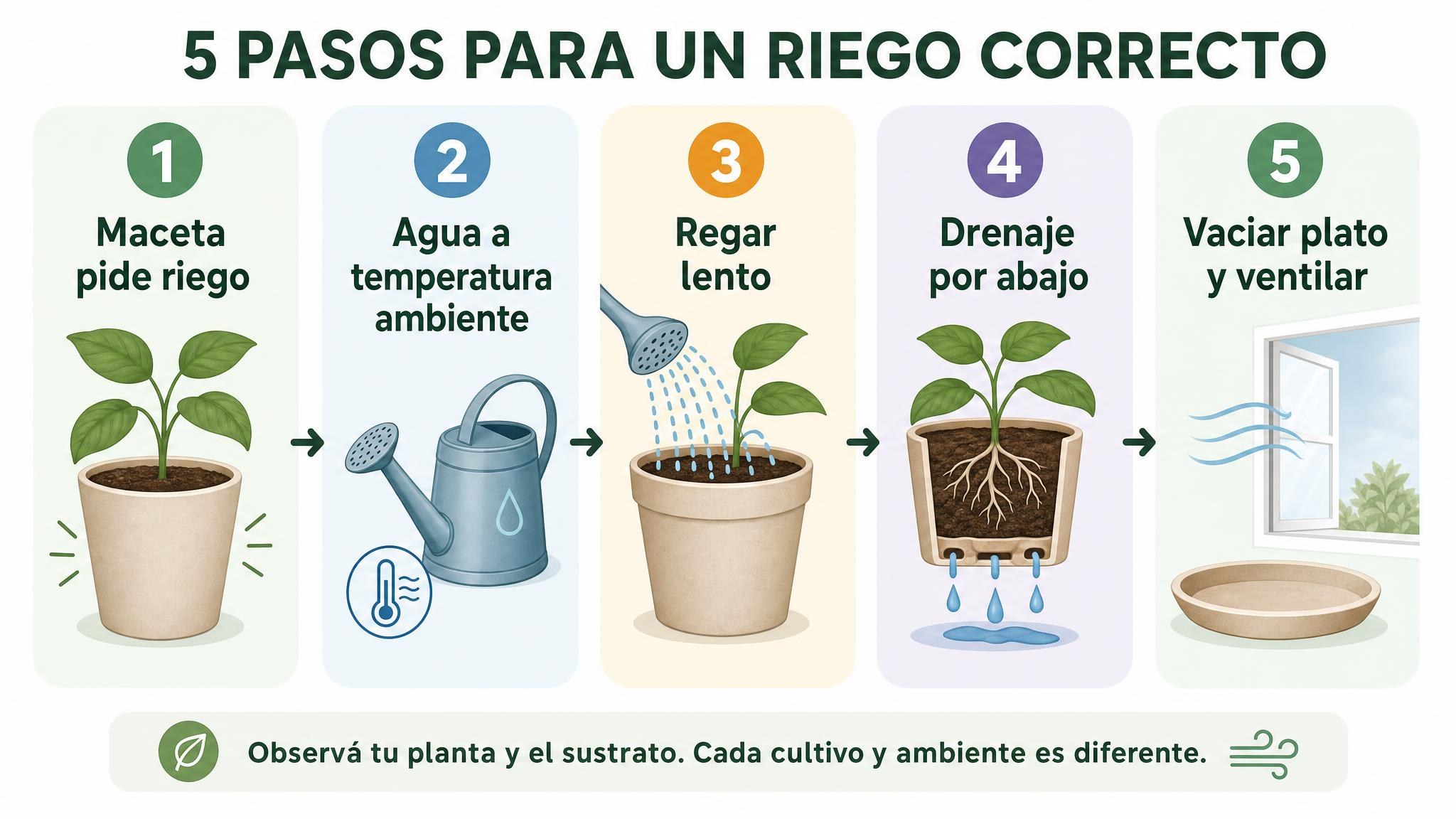 Flujograma de lavado controlado de sales en macetas: regar lento, lograr drenaje, vaciar el plato y ventilar.
