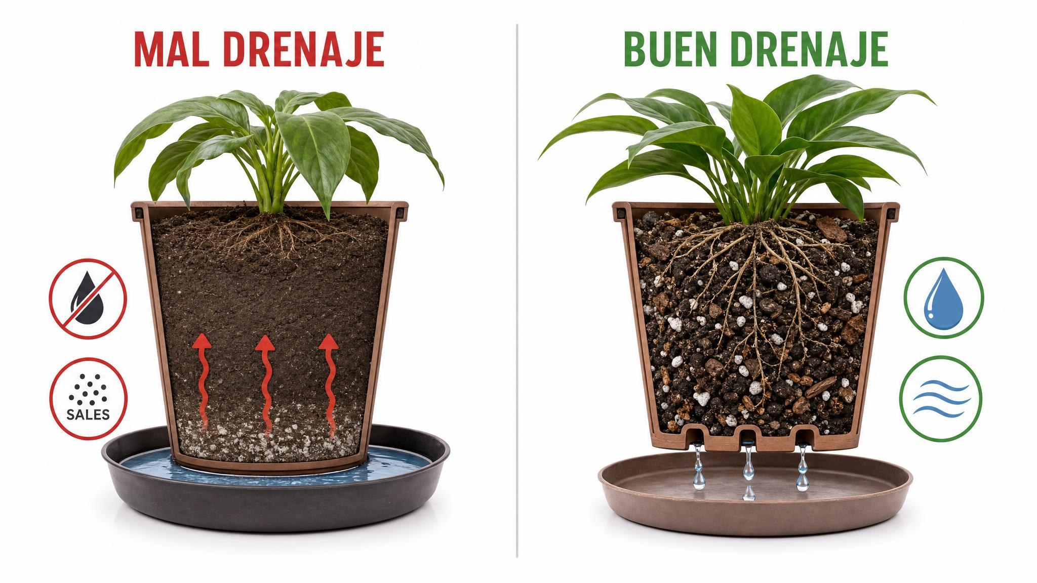 Comparación entre una maceta con mal drenaje y otra con buen drenaje para evitar acumulación de sales.