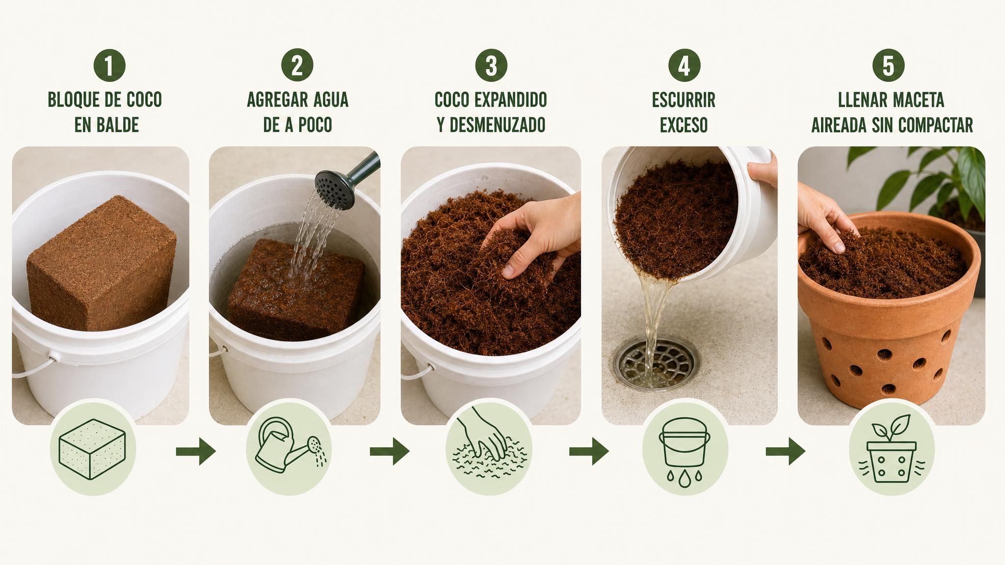 Paso a paso visual para hidratar un bloque de coco antes de cargar la maceta.