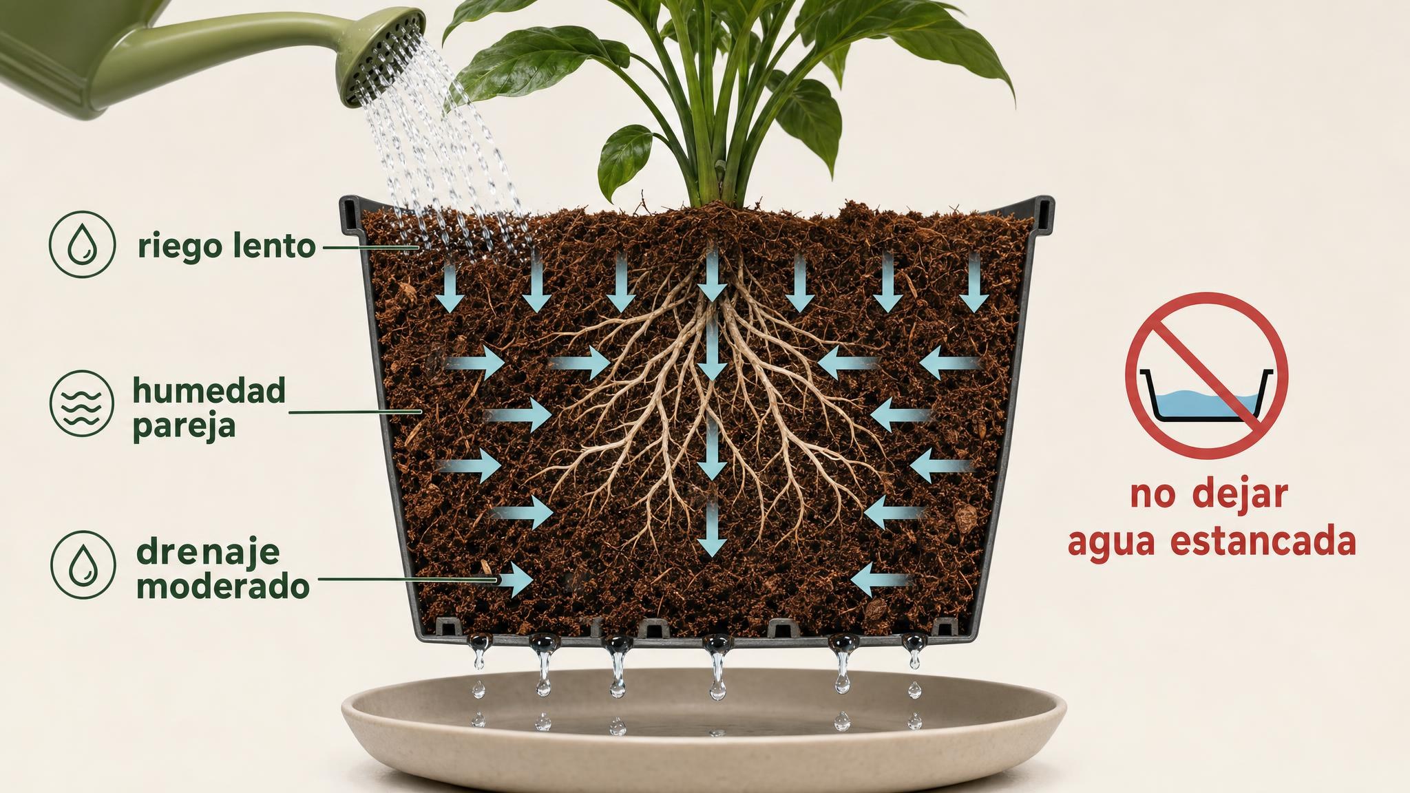 Diagrama de riego en coco con humedad pareja, drenaje moderado y sin agua estancada en el plato.