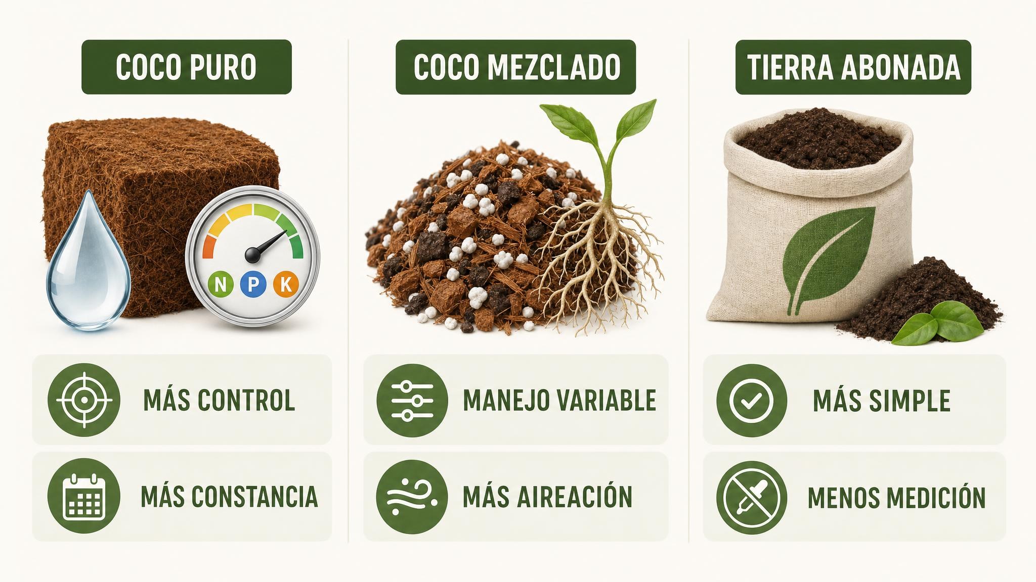 Comparación visual entre coco puro, coco mezclado y tierra abonada para cultivo en maceta.