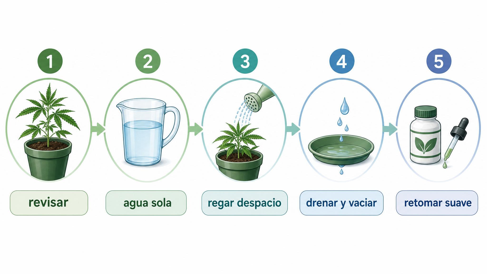 Flujograma de cinco pasos para hacer un lavado correctivo suave en maceta.