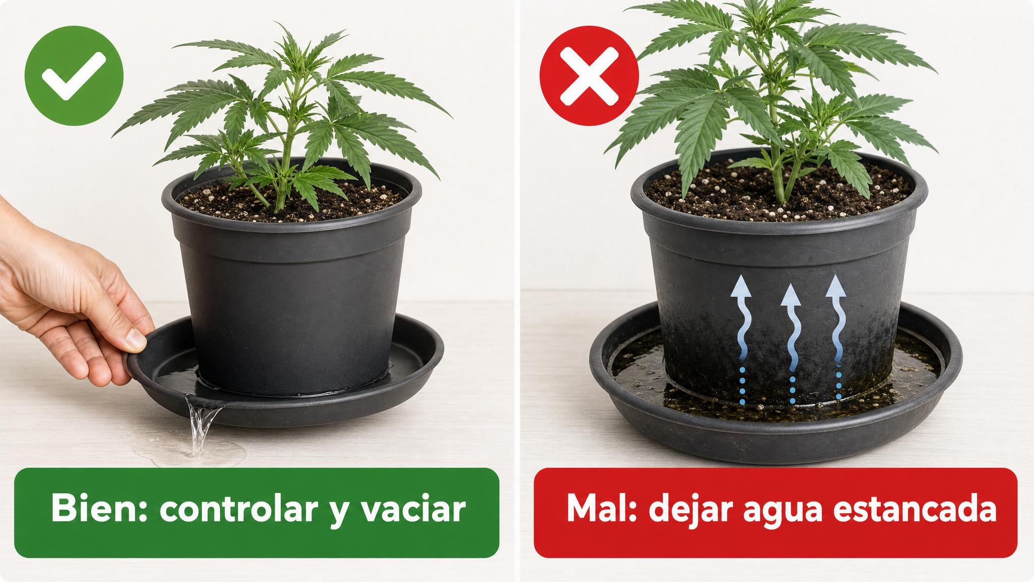 Comparación entre vaciar el plato después del riego y dejar la maceta en agua estancada.