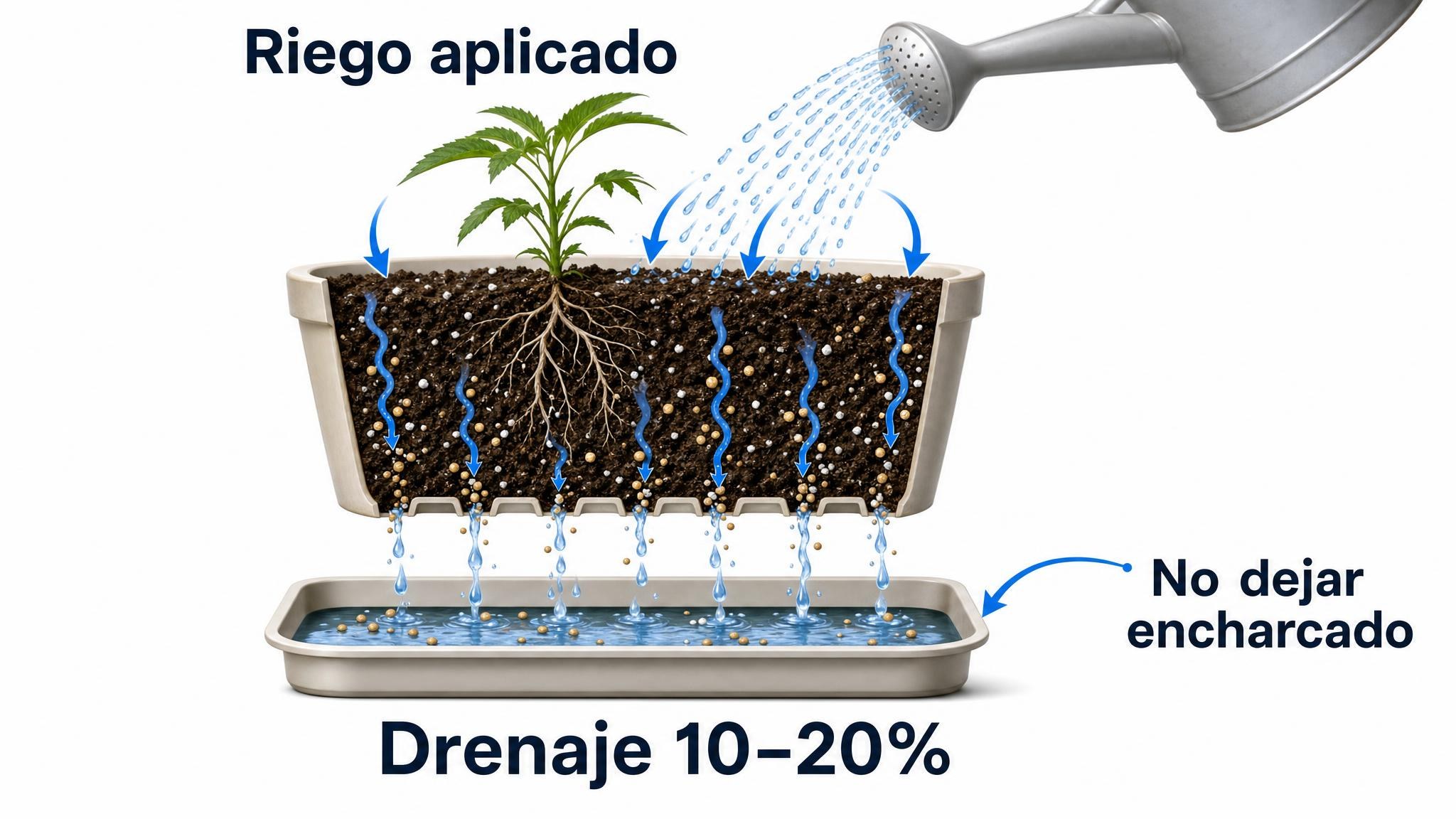 Diagrama de una maceta con riego aplicado y drenaje recomendado de 10 a 20 por ciento.