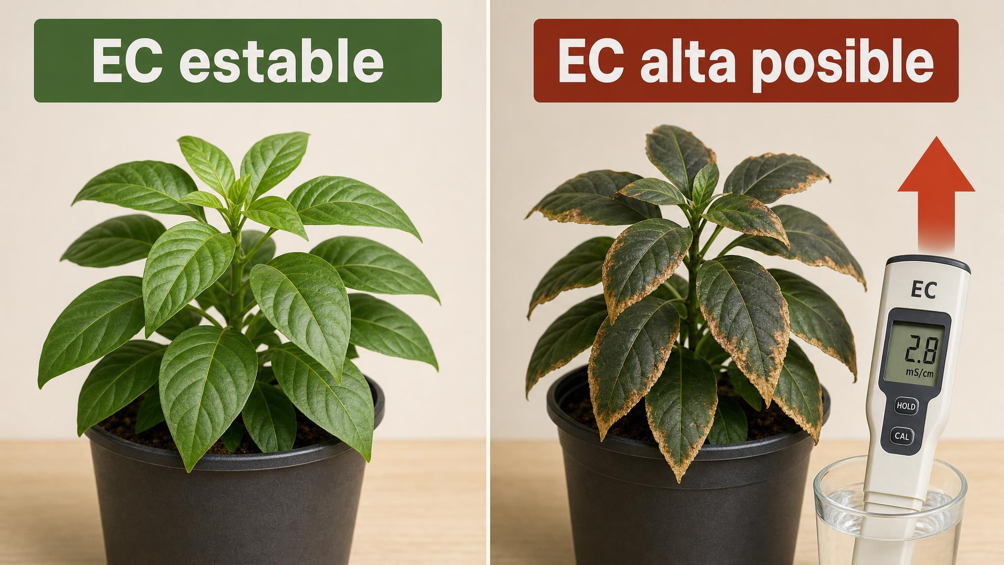 Comparación visual entre una planta con EC estable y una planta con posibles señales de EC alta.