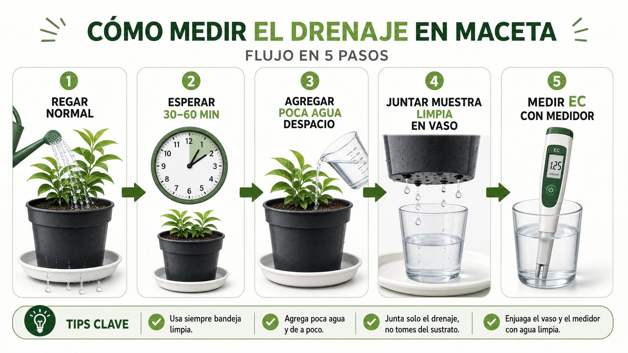 Flujograma de cinco pasos para medir la EC del drenaje con un método casero tipo pour-through.