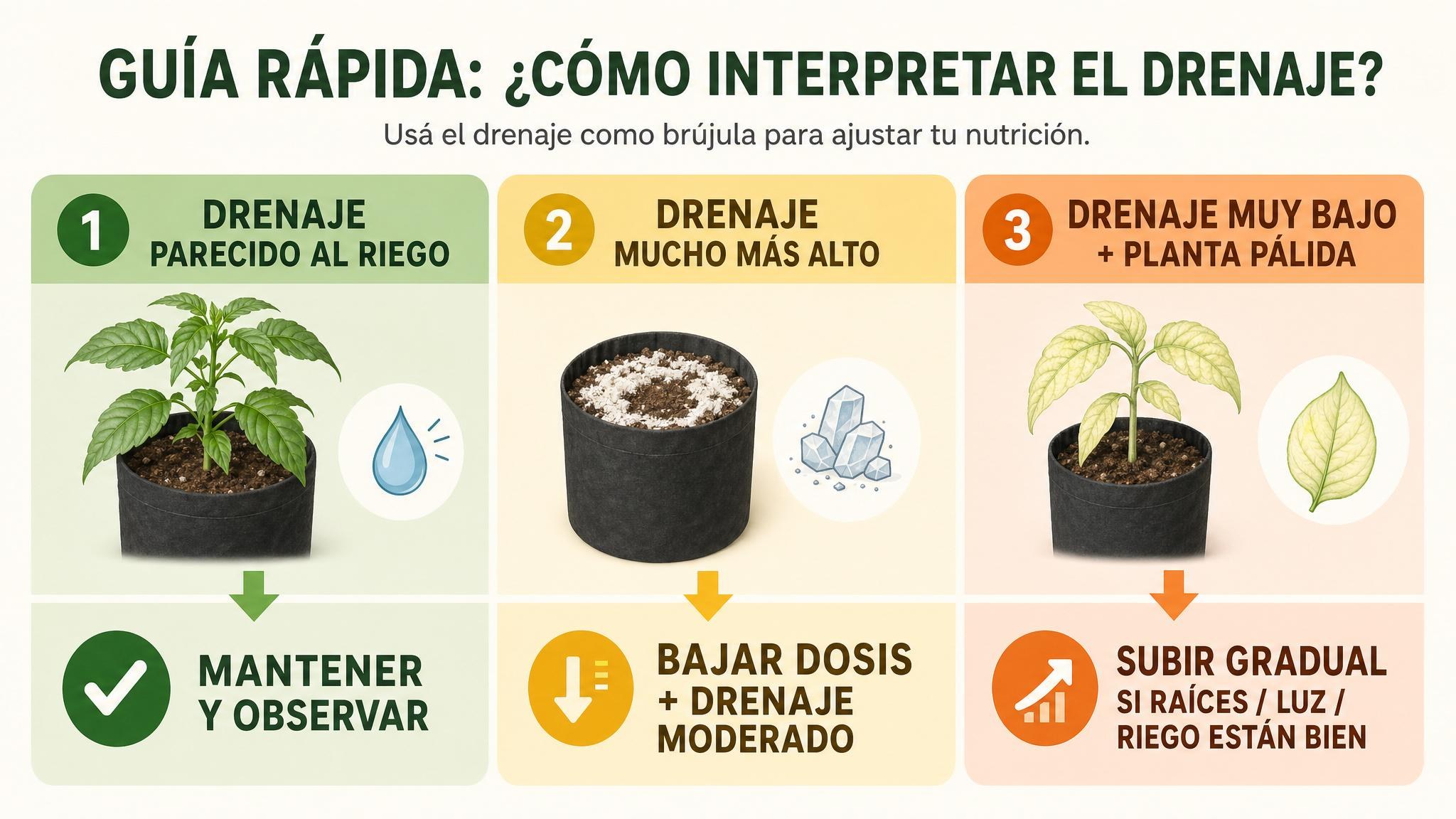 Comparación visual de tres escenarios de EC del drenaje y acciones recomendadas para cada caso.
