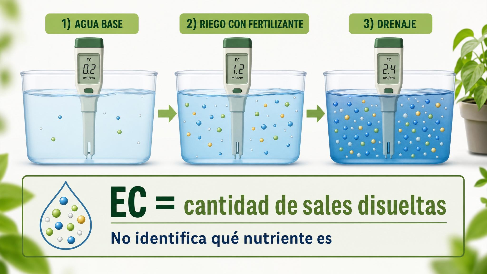 Diagrama con agua base, solución de riego y drenaje mostrando que la EC mide la cantidad de sales disueltas, no el tipo de nutriente.