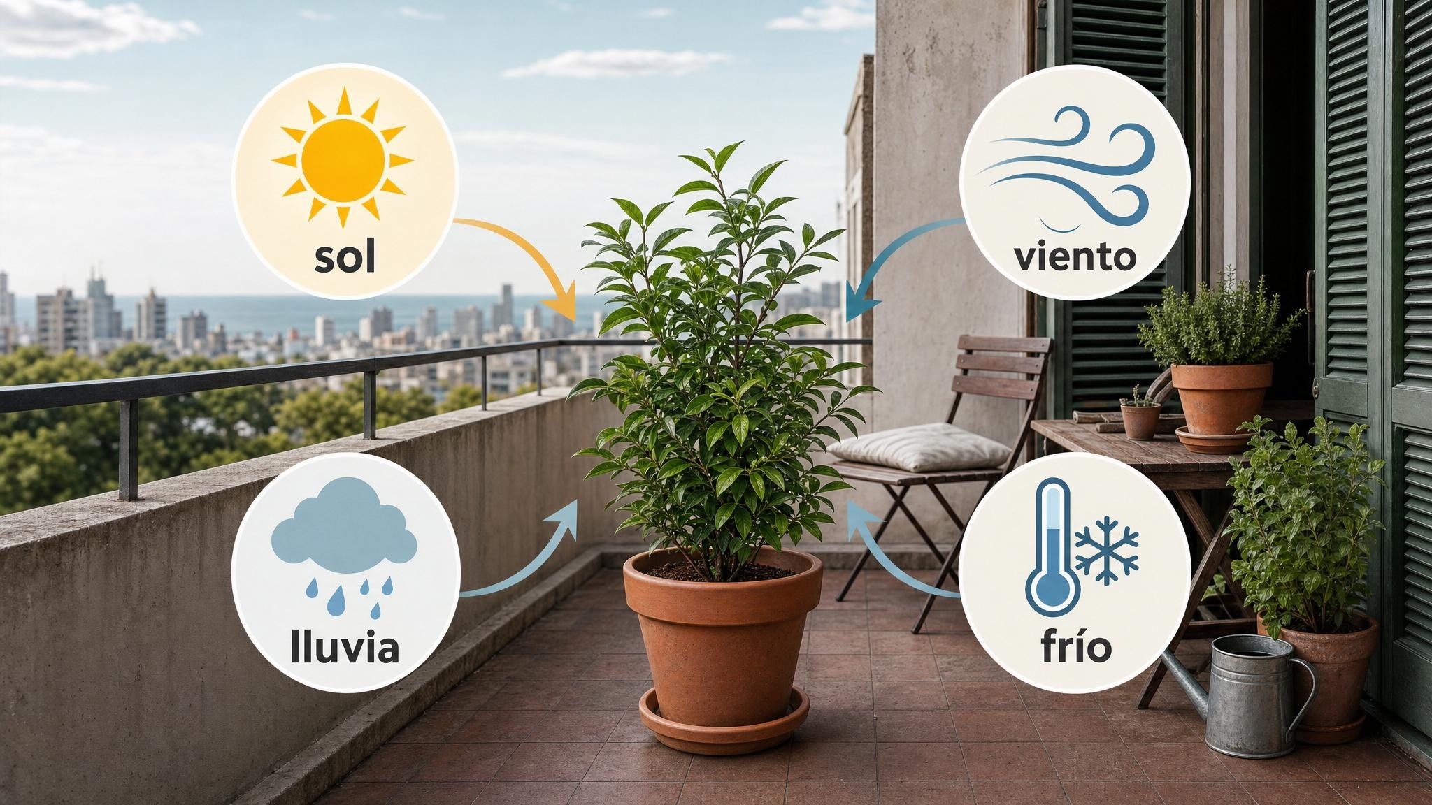 Planta en maceta en un balcón expuesta a sol, viento, lluvia y frío nocturno.