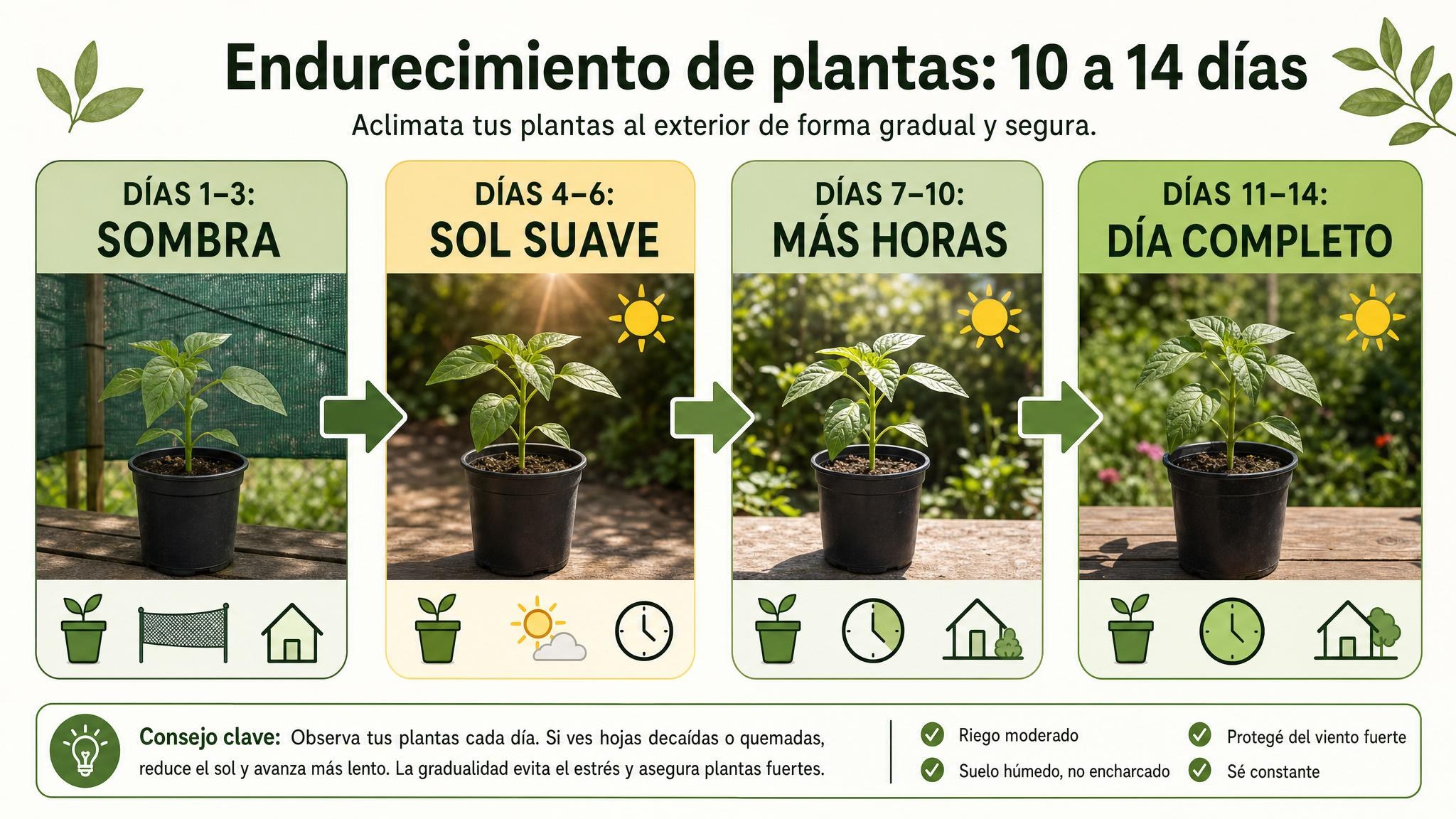 Línea de tiempo de endurecimiento de plantas de 10 a 14 días, desde sombra hasta día completo afuera.
