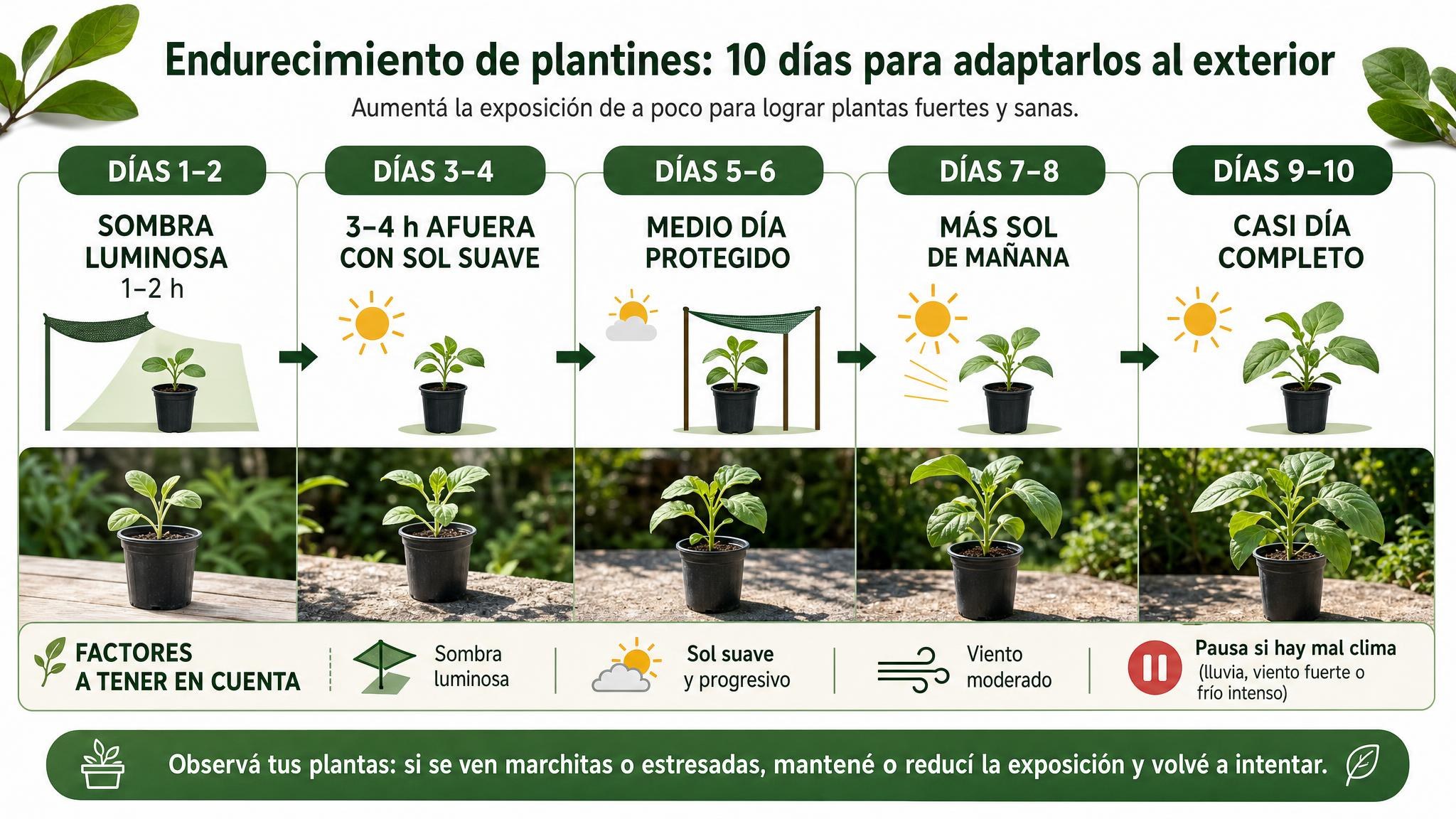 Línea de tiempo de 10 días para aclimatar plantines al exterior de forma gradual.