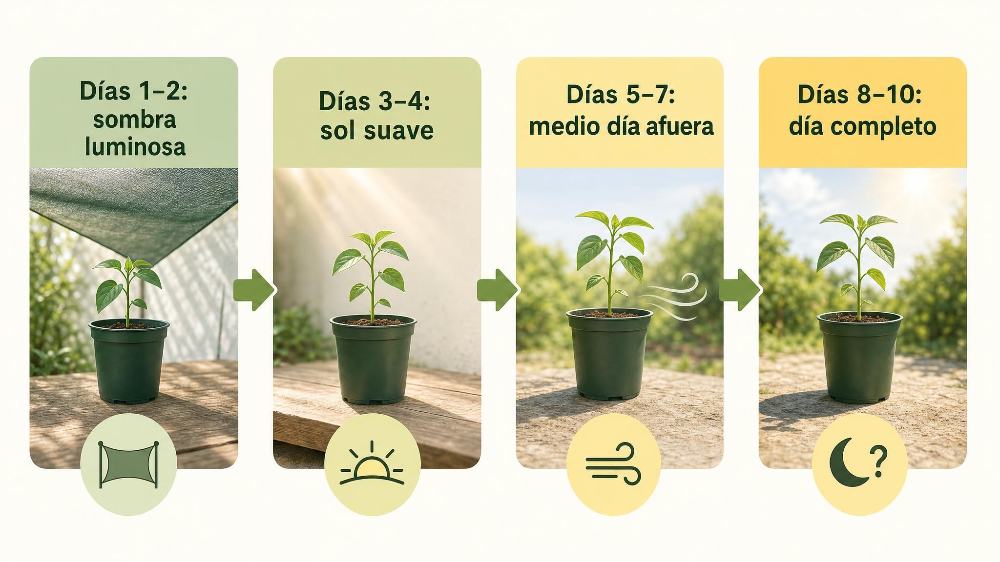 Línea de tiempo del endurecimiento de plantines en 7 a 10 días, desde sombra luminosa hasta día completo afuera.