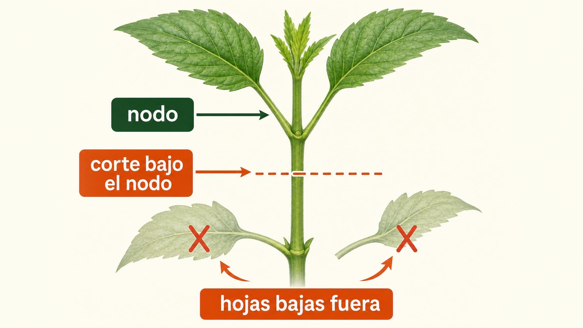Diagrama de un esqueje mostrando el corte correcto justo por debajo de un nodo y la retirada de hojas bajas.
