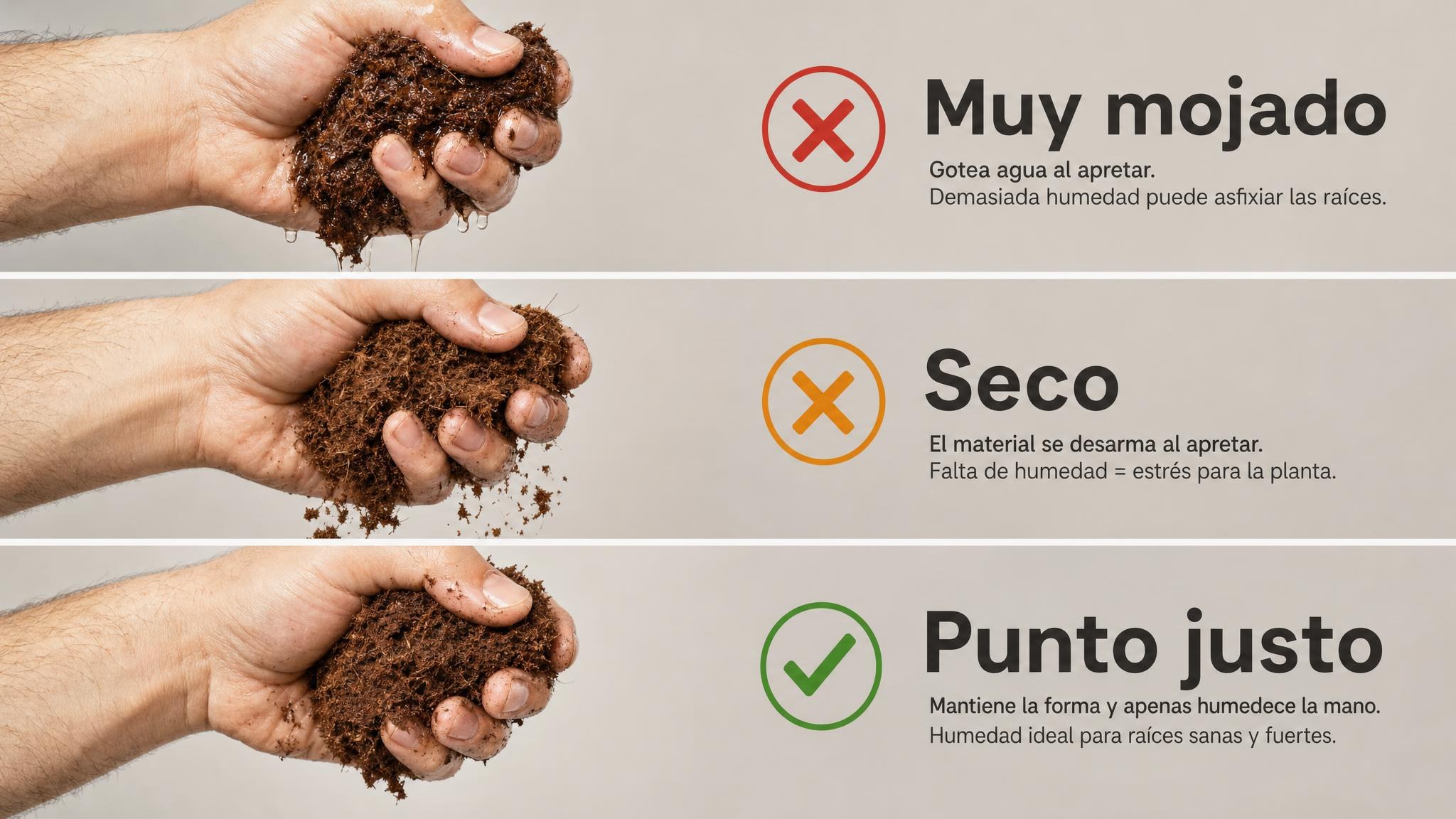 Comparación visual de la prueba de humedad del sustrato: demasiado mojado, seco y punto justo.