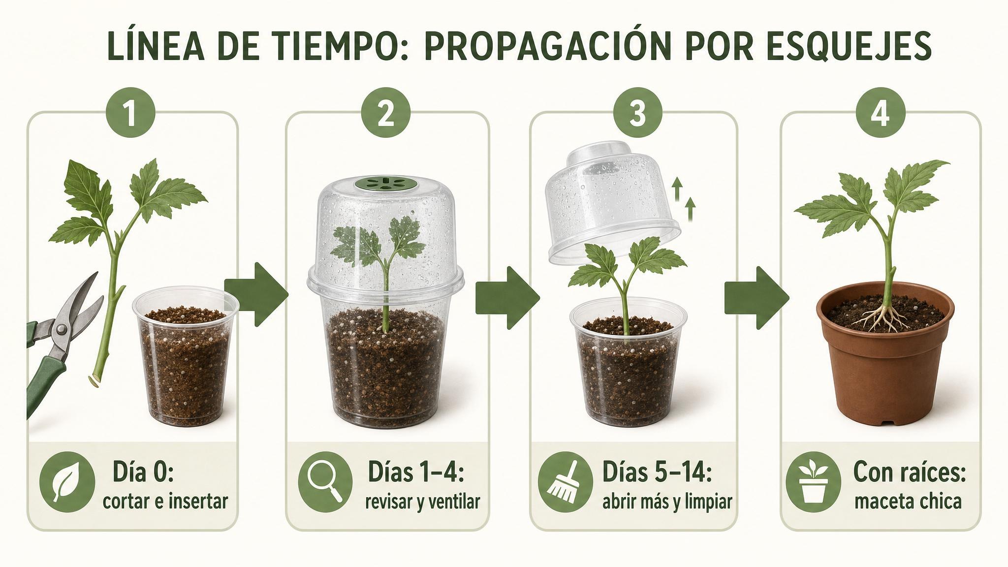 Línea de tiempo del protocolo de esquejes desde el día cero hasta el trasplante a maceta chica cuando hay raíces.