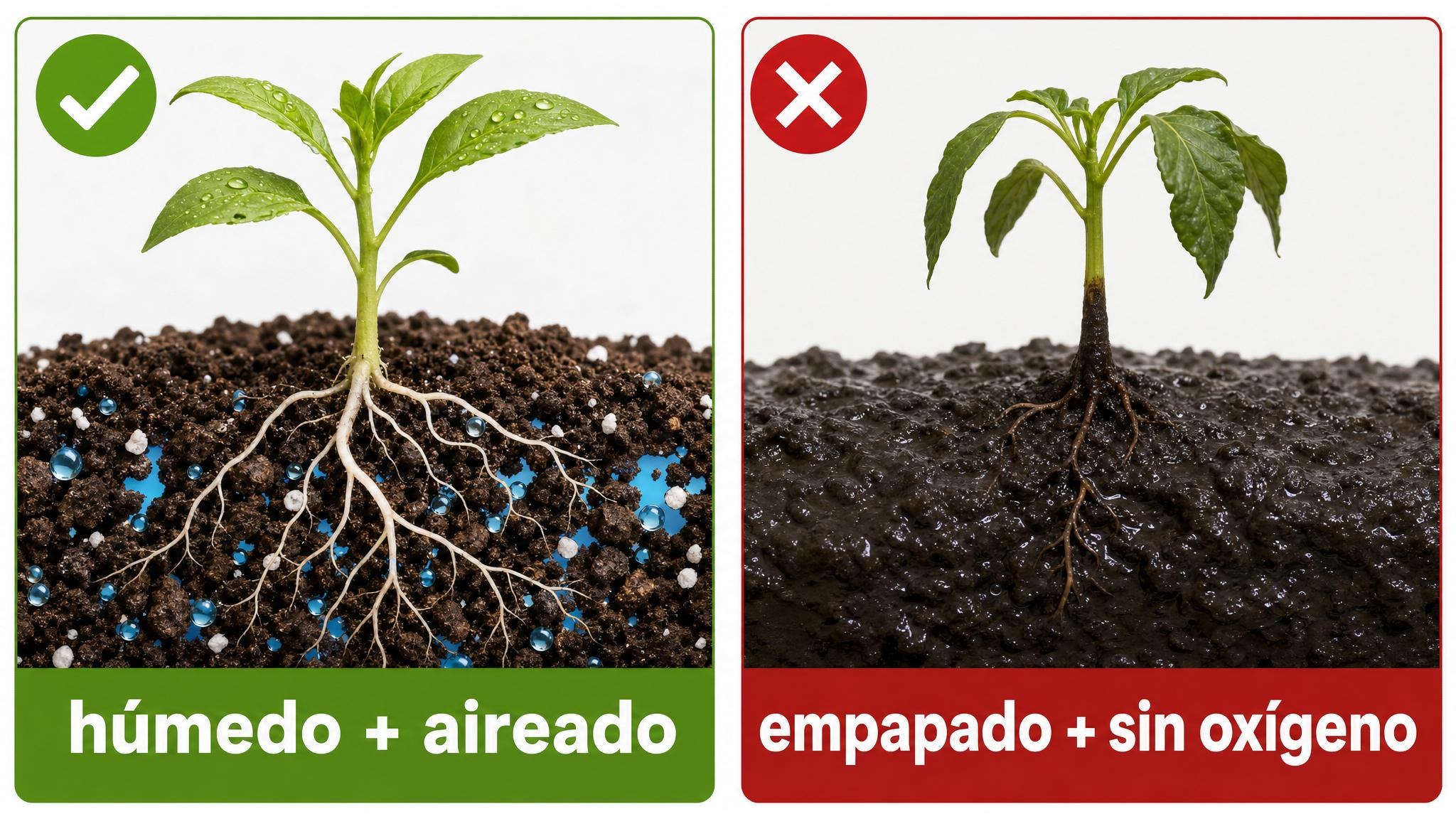 Comparación entre un medio de enraizado húmedo y aireado frente a un medio empapado y sin oxígeno que favorece pudriciones.