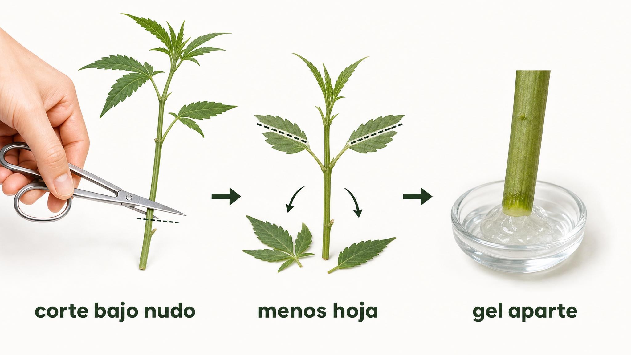 Diagrama de cómo cortar un esqueje bajo un nudo, reducir hojas y aplicar gel aparte.