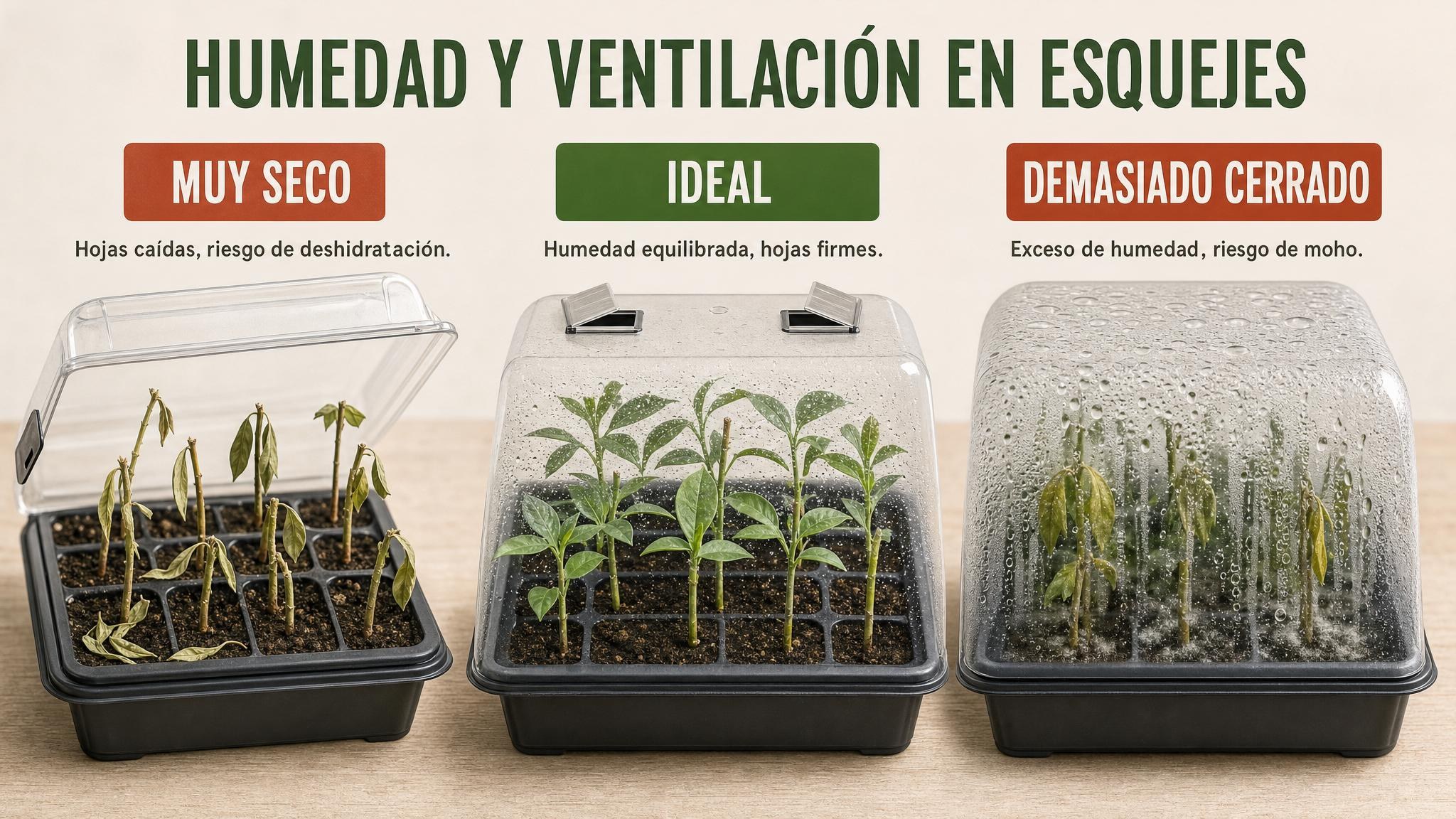 Comparación entre propagación demasiado seca, humedad ideal ventilada y domo demasiado cerrado.