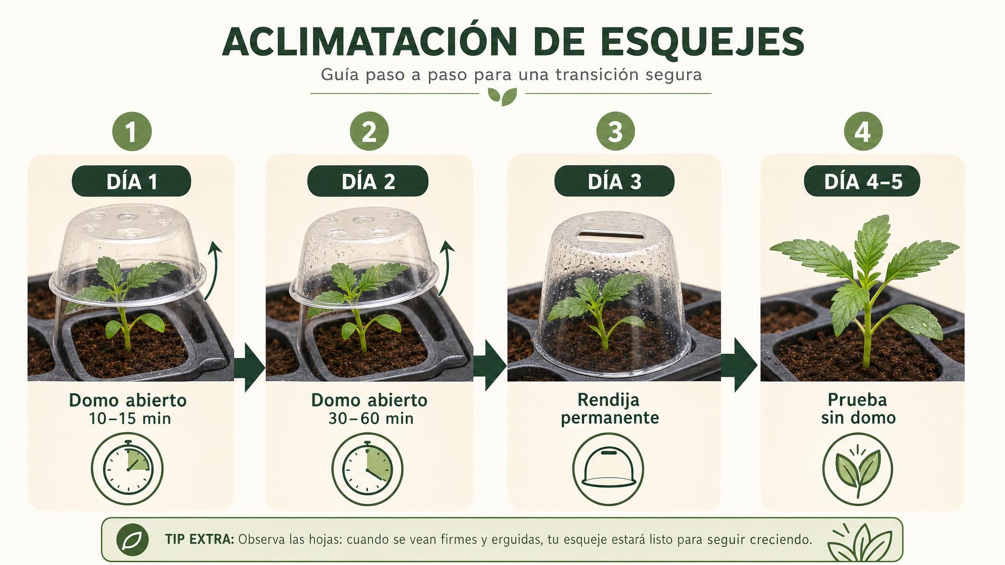 Línea de tiempo para aclimatar esquejes retirando el domo de forma gradual durante varios días.