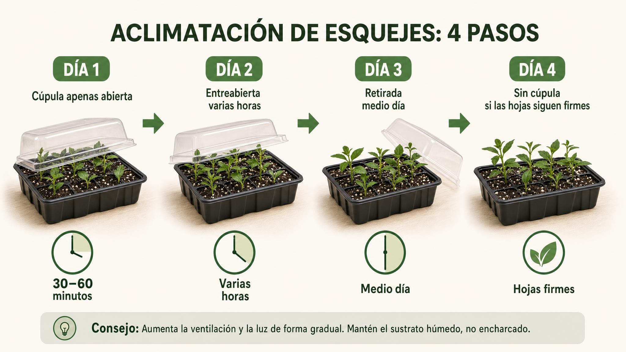 Flujo de aclimatación gradual de esquejes en cuatro días, abriendo la cúpula cada vez más.
